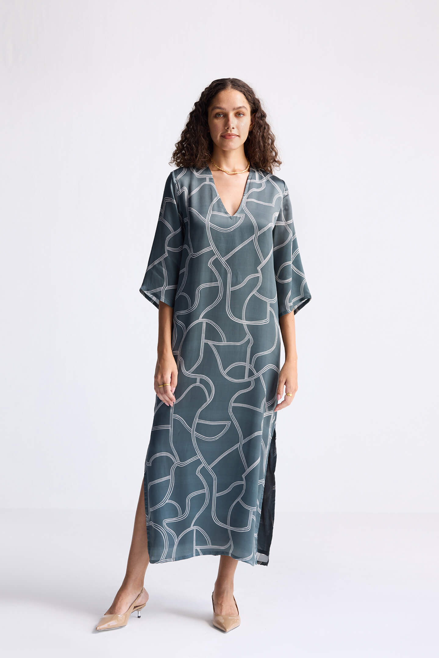 Maxi Dress with Side Slits in Abstract Stripes Long Shot