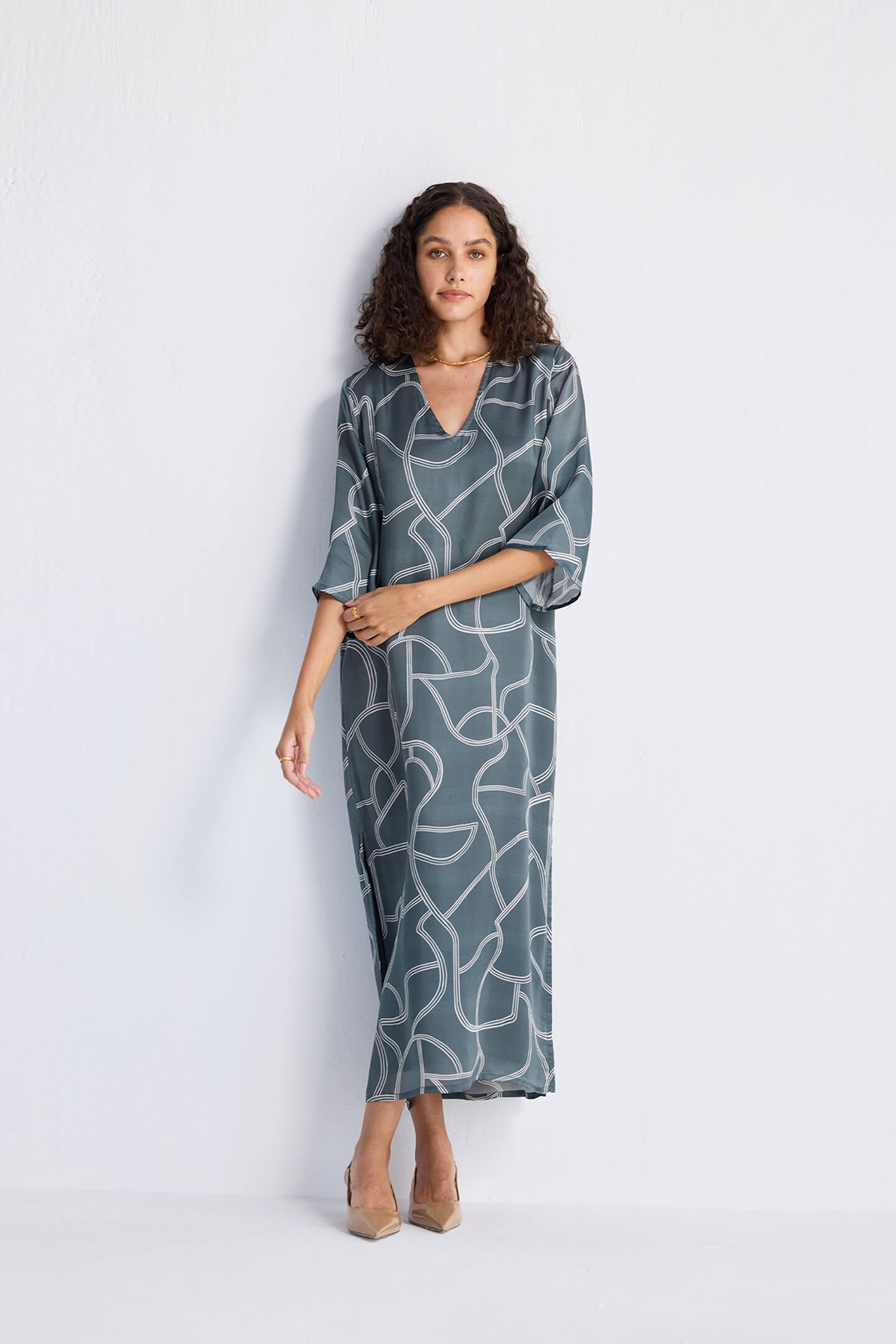 Maxi Dress with Side Slits in Abstract Stripes Long Shot