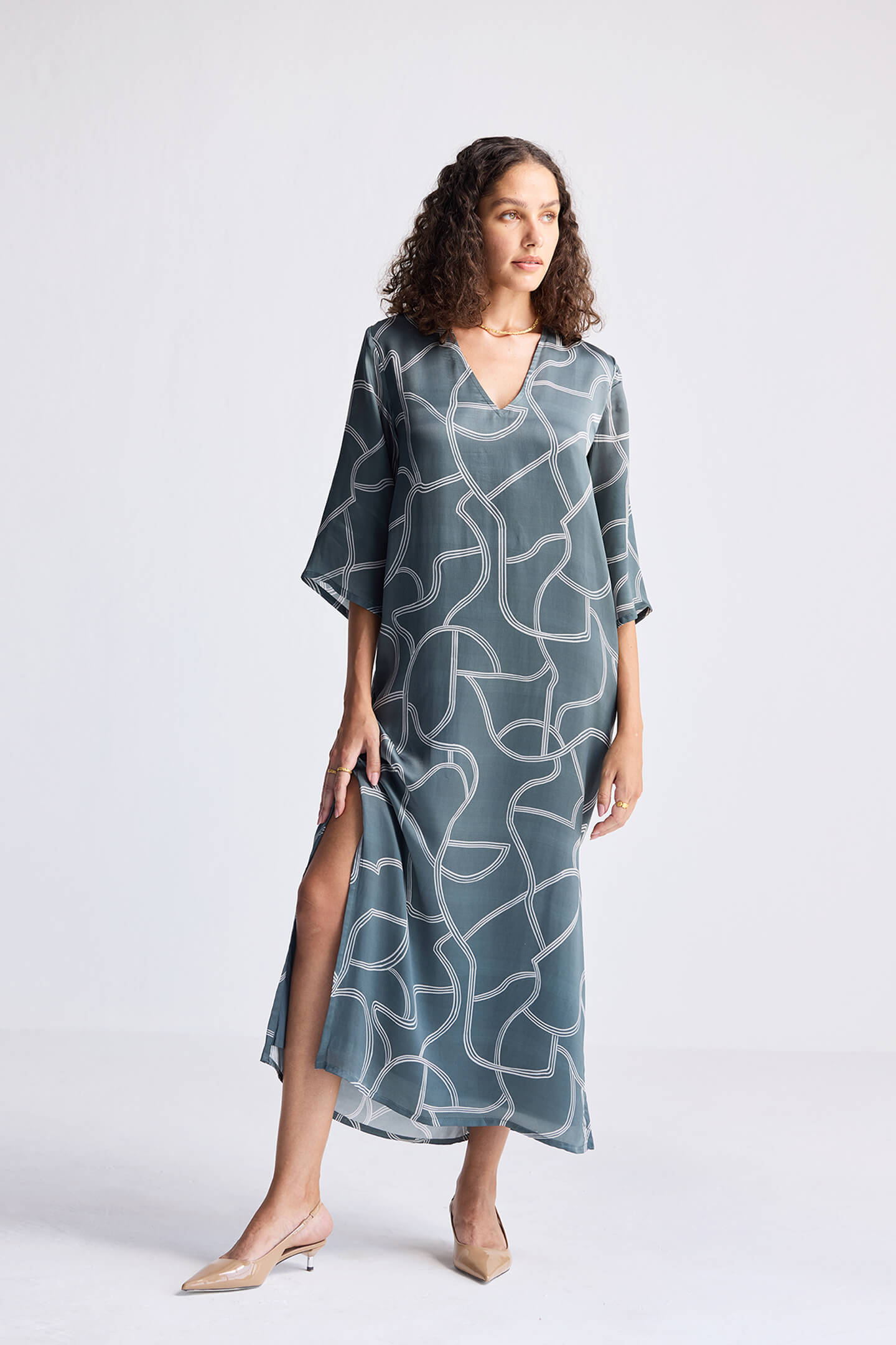 Maxi Dress with Side Slits in Abstract Stripes Long Shot