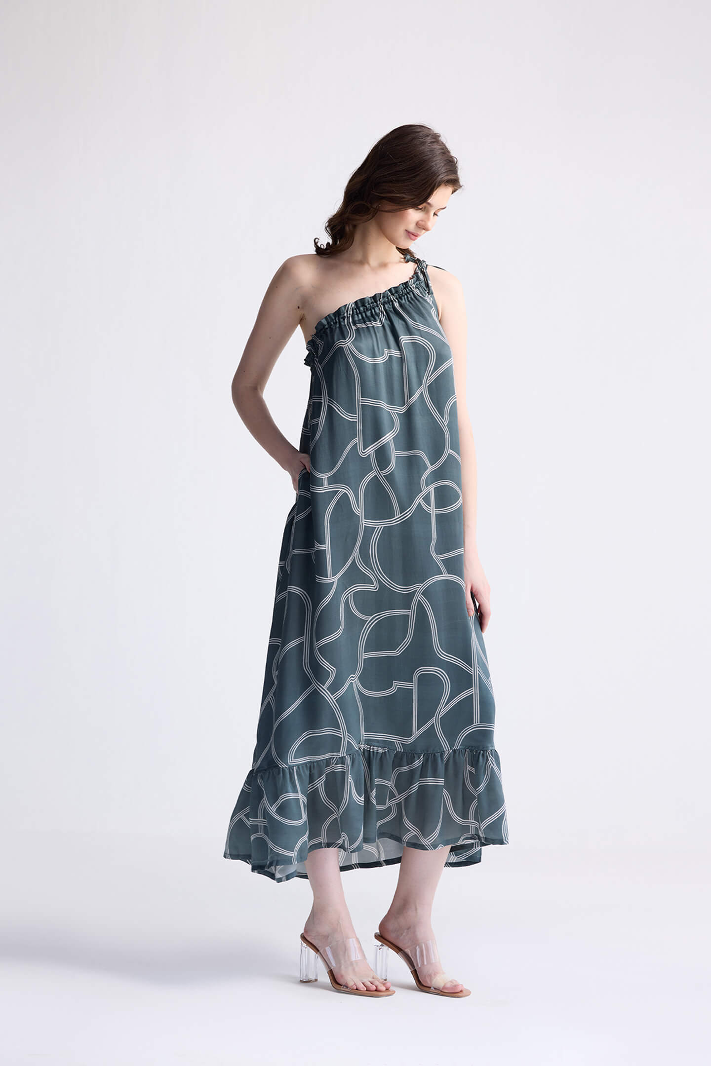 One Shoulder Maxi Dress in Abstract Stripes Long Shot