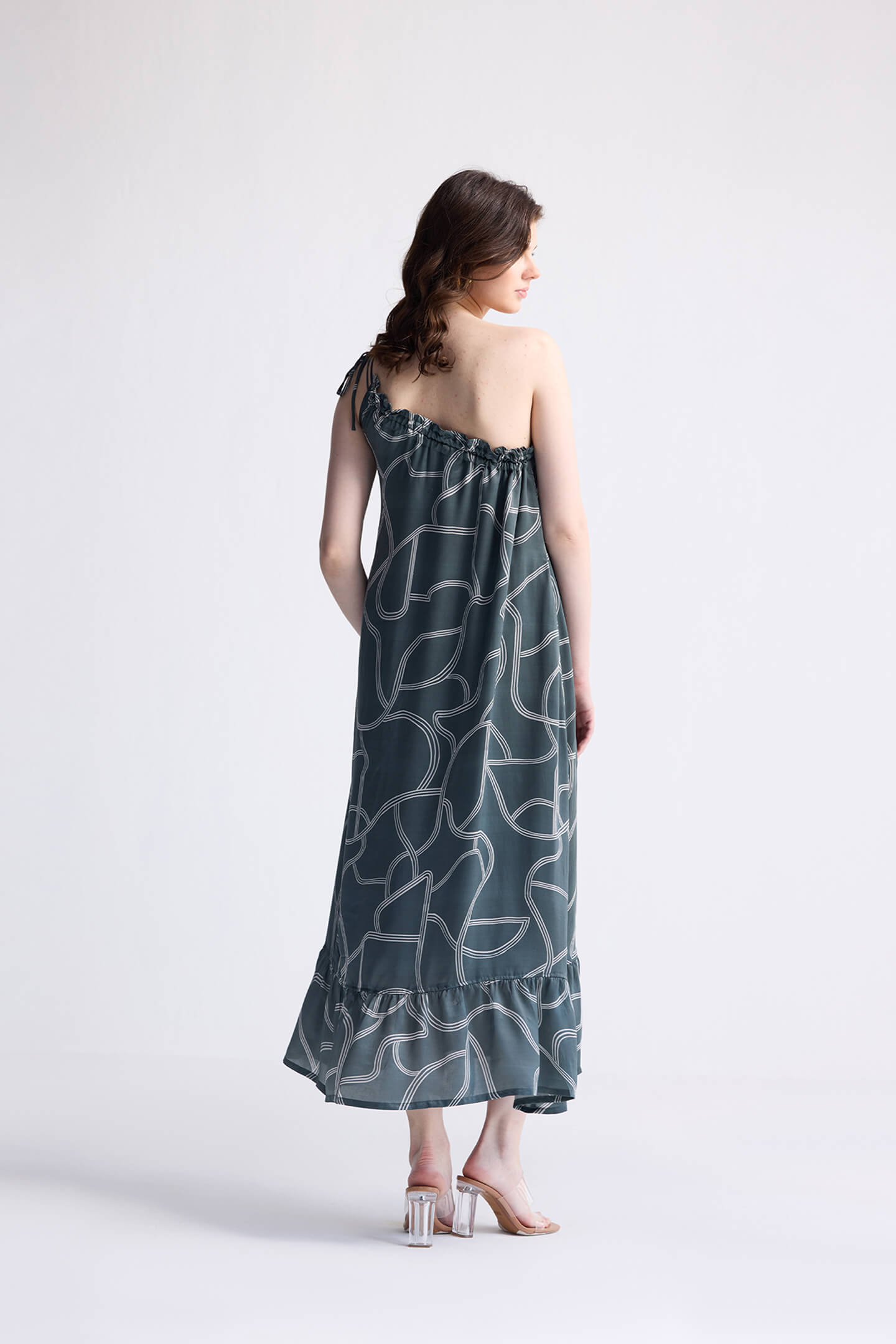 One Shoulder Maxi Dress in Abstract Stripes Long Shot