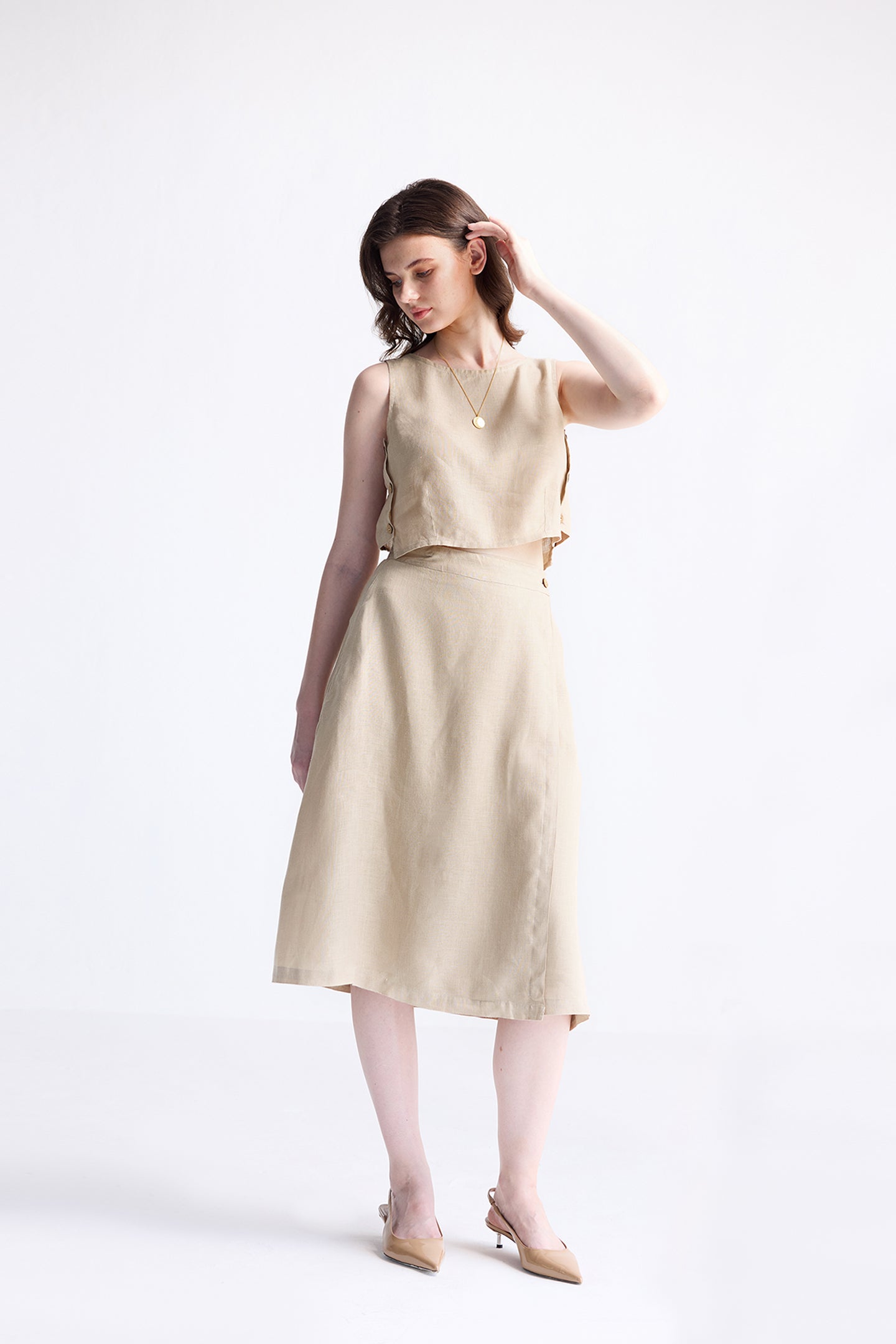 Overlap Midi Skirt in Neutral Beige Long Shot