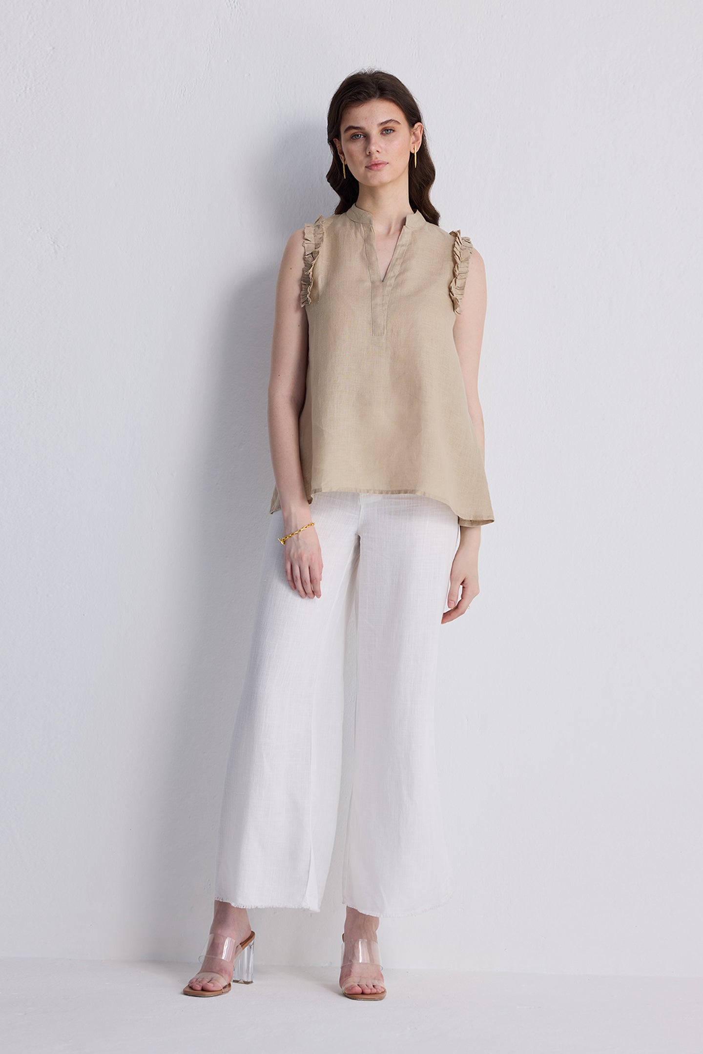 Sleeveless Hemp Top with Ruffles in Neutral Beige Longshot