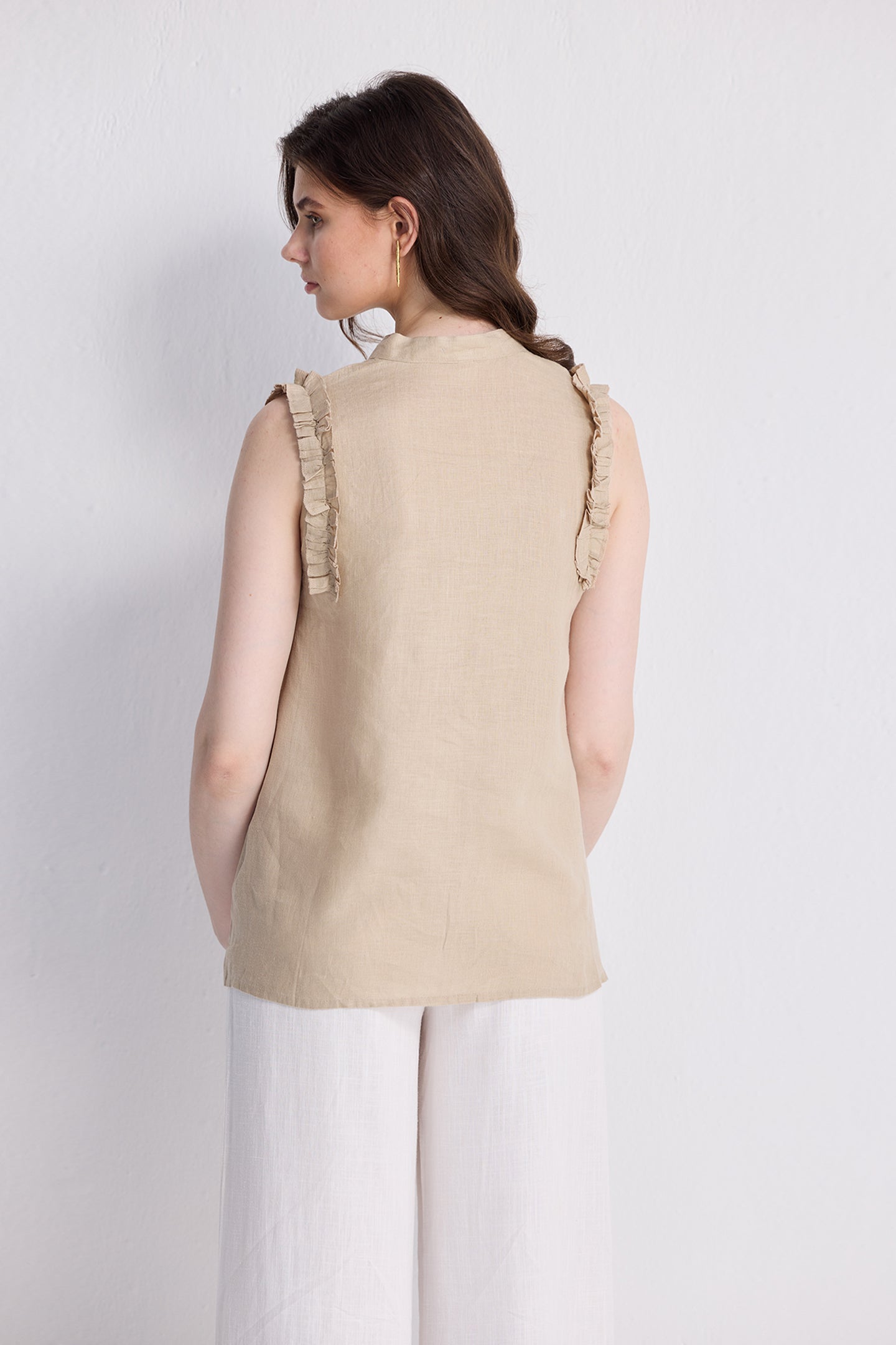 Sleeveless Hemp Top with Ruffles in Neutral Beige Medium Shot