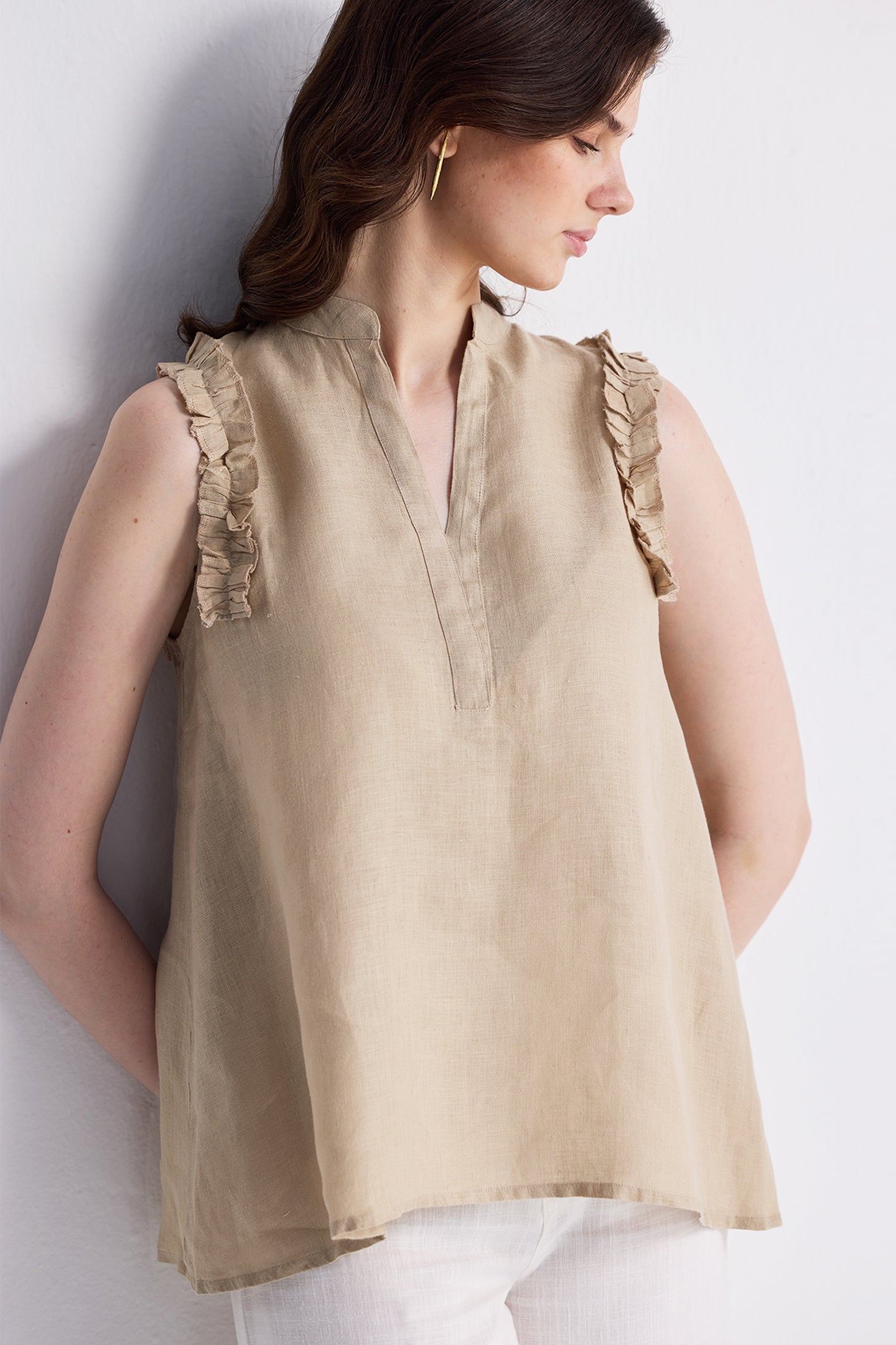 Sleeveless Hemp Top with Ruffles in Neutral Beige Closeup