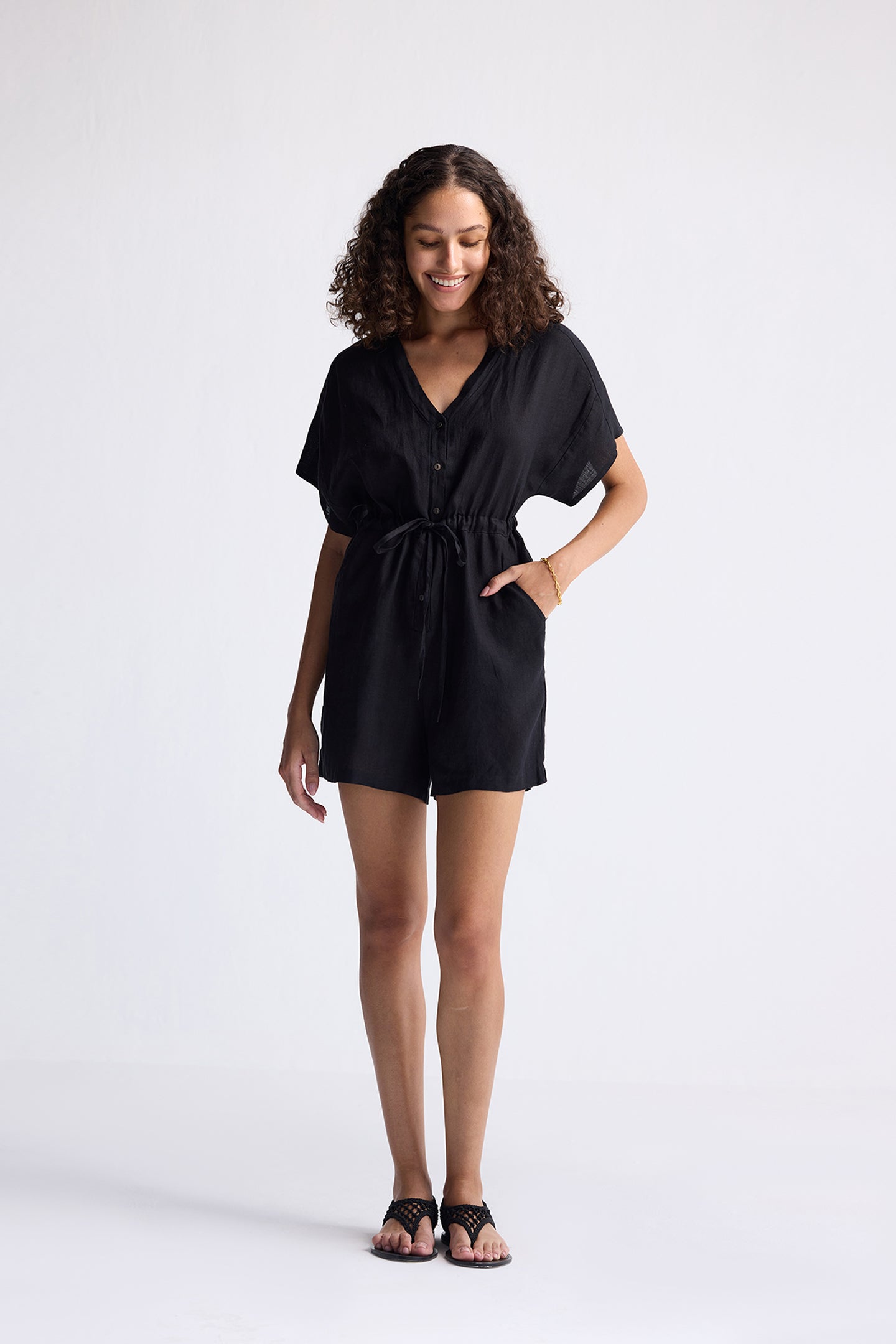 V neck Drawstring Romper in Black Long Shot