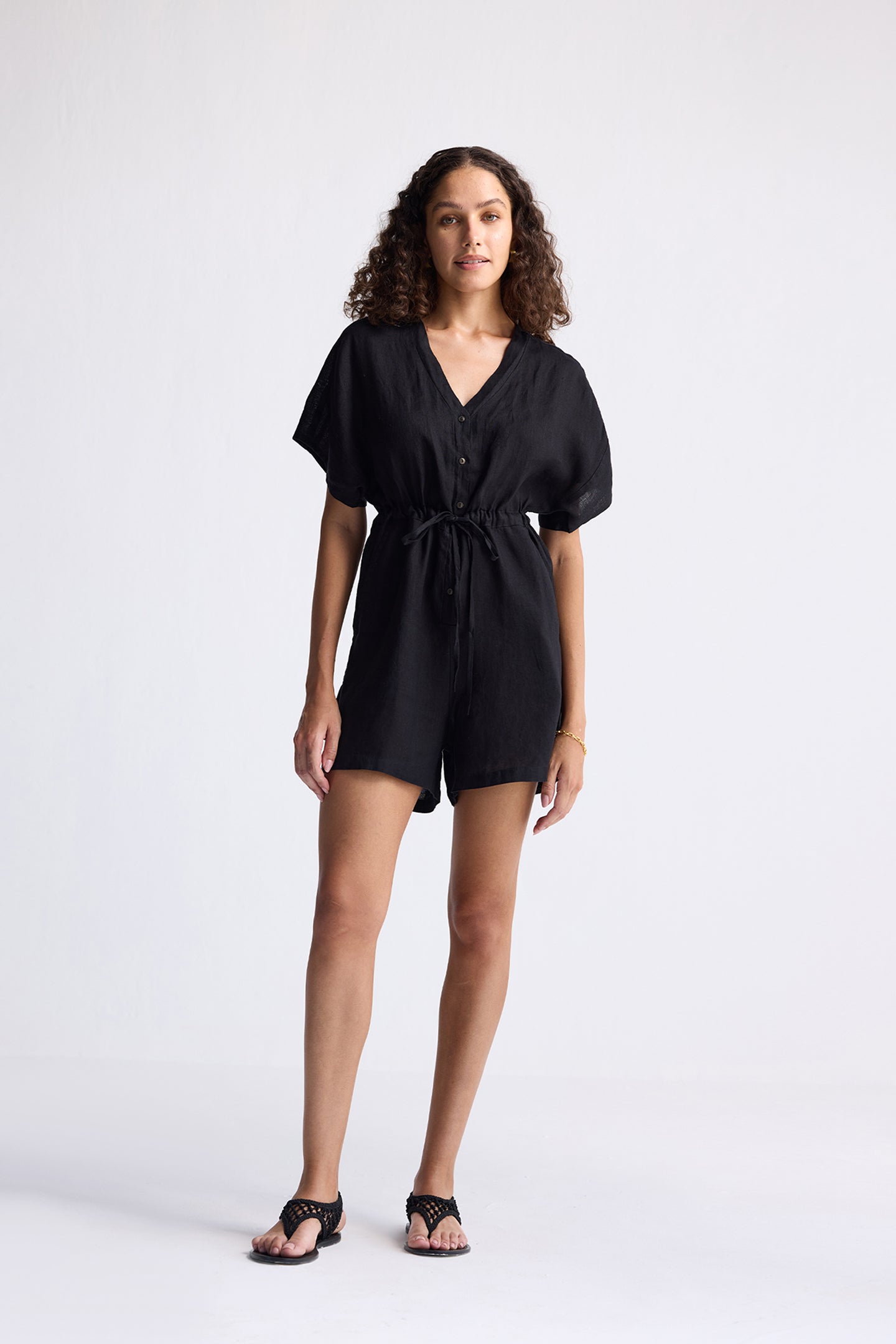 V neck Drawstring Romper in Black Long Shot
