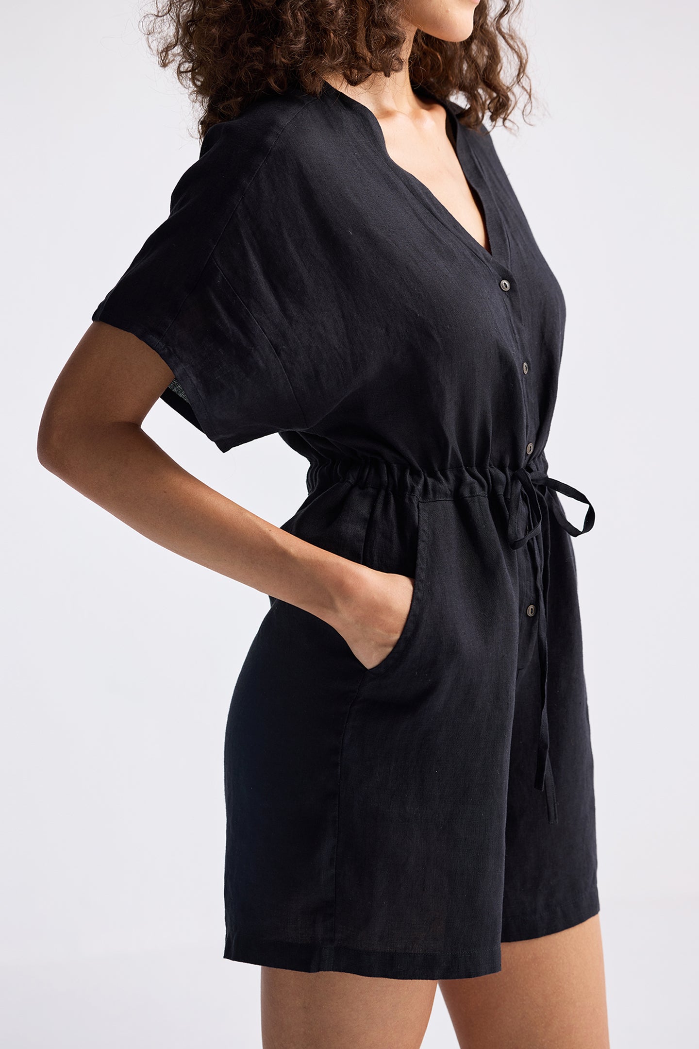 V neck Drawstring Romper in Black Closeup