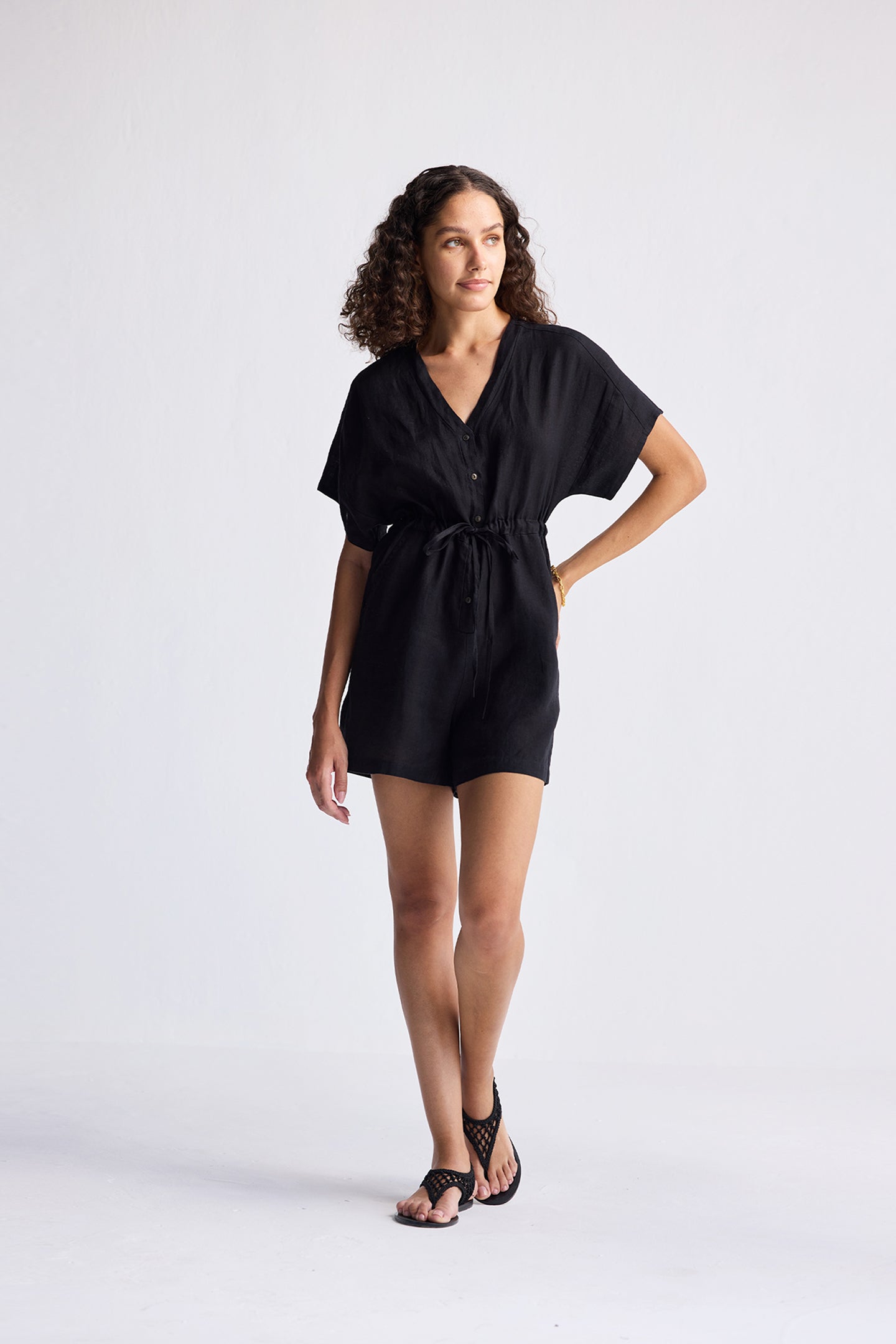 V neck Drawstring Romper in Black Long Shot