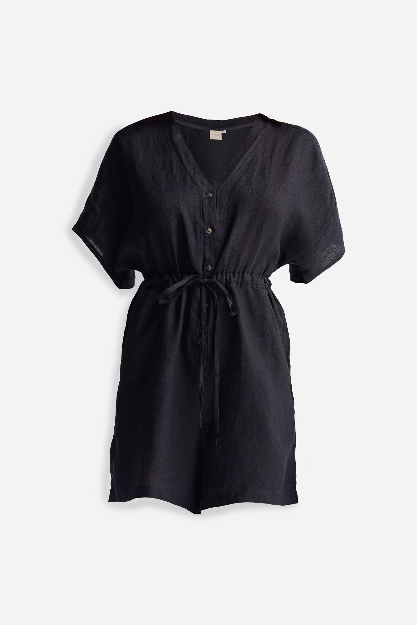V neck Drawstring Romper in Black Flat Lay