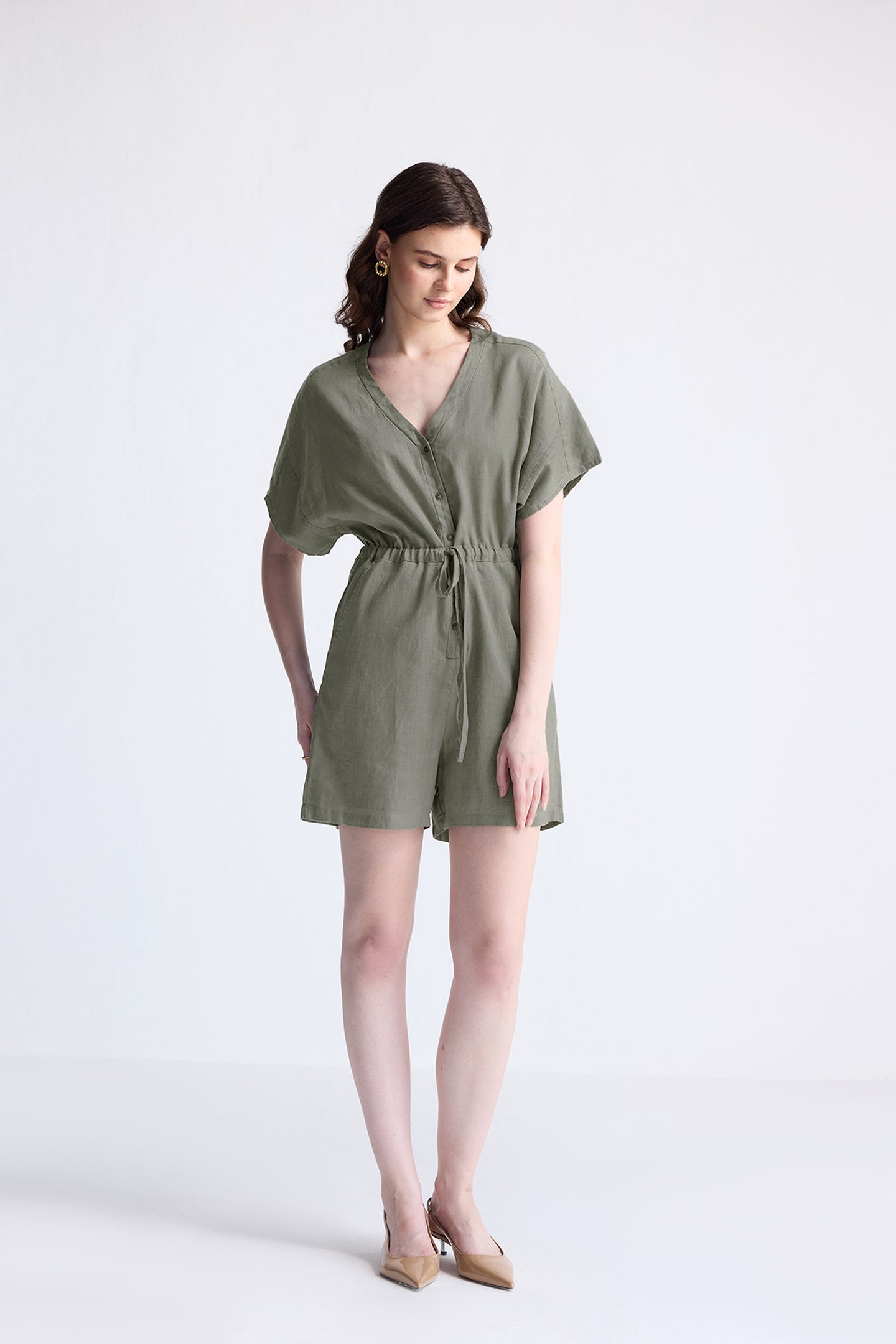 V neck Drawstring Romper in Dark Green Long Shot