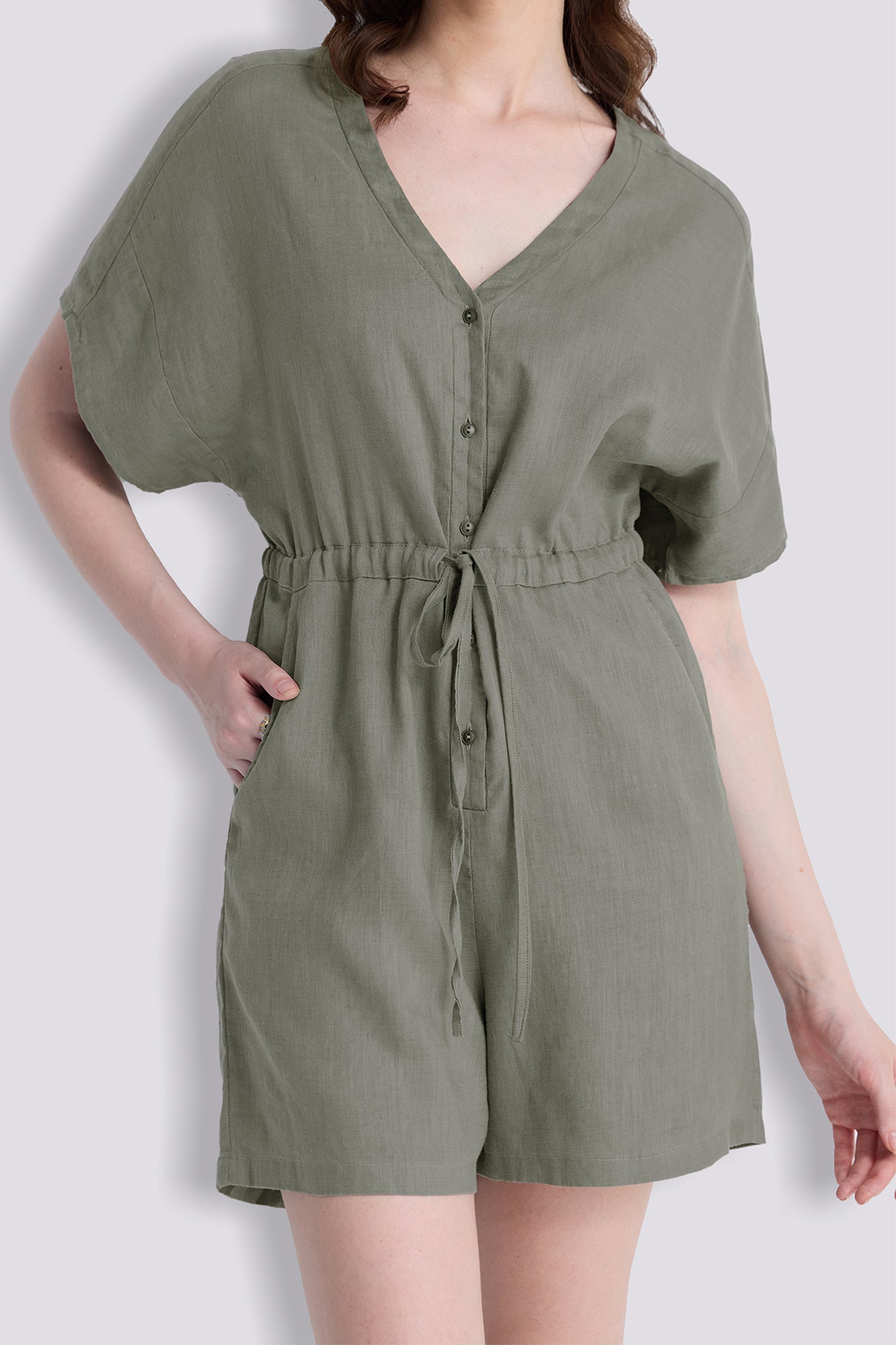 V neck Drawstring Romper in Dark Green Medium Shot
