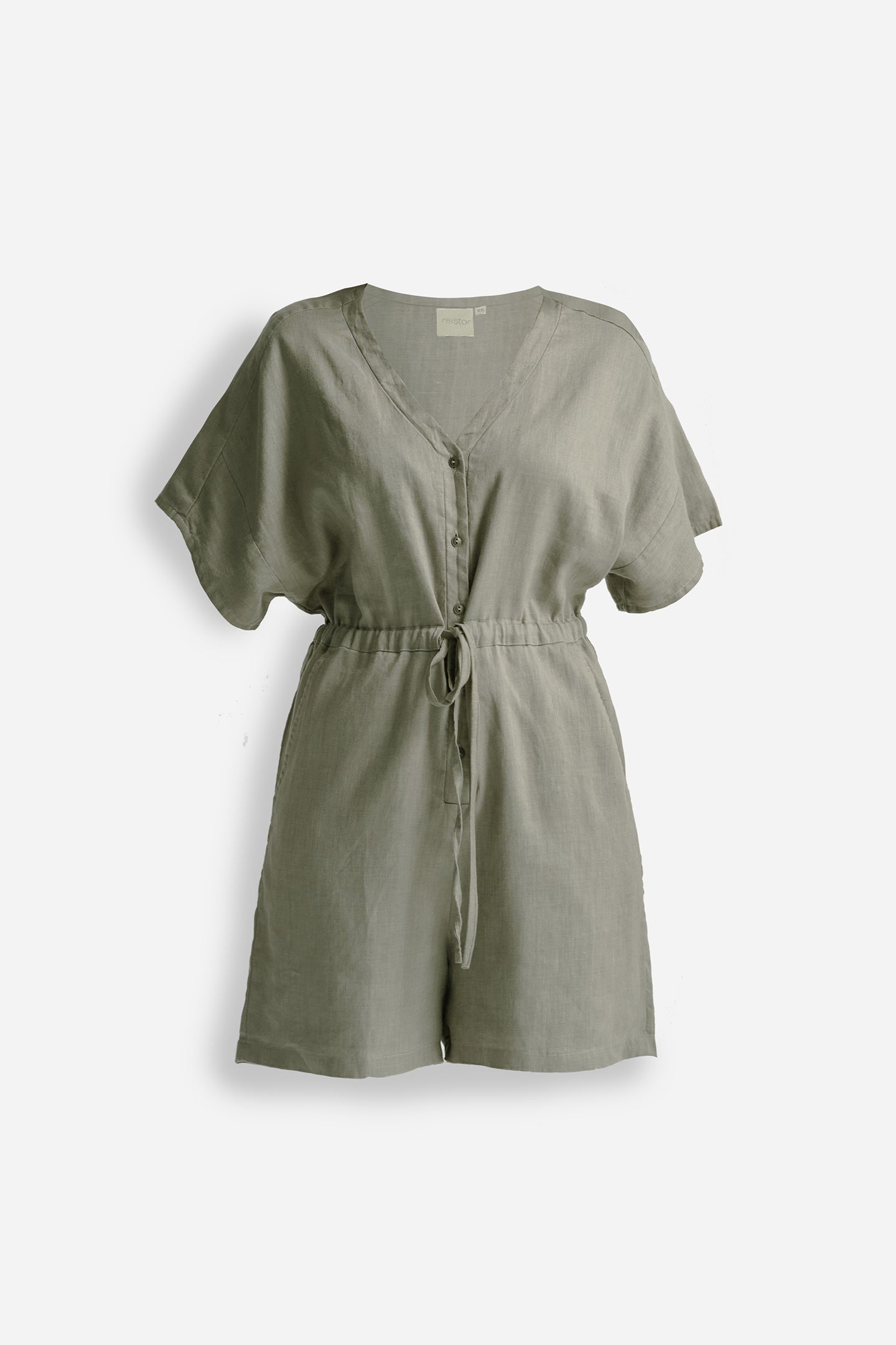 V neck Drawstring Romper in Dark Green Flat Lay
