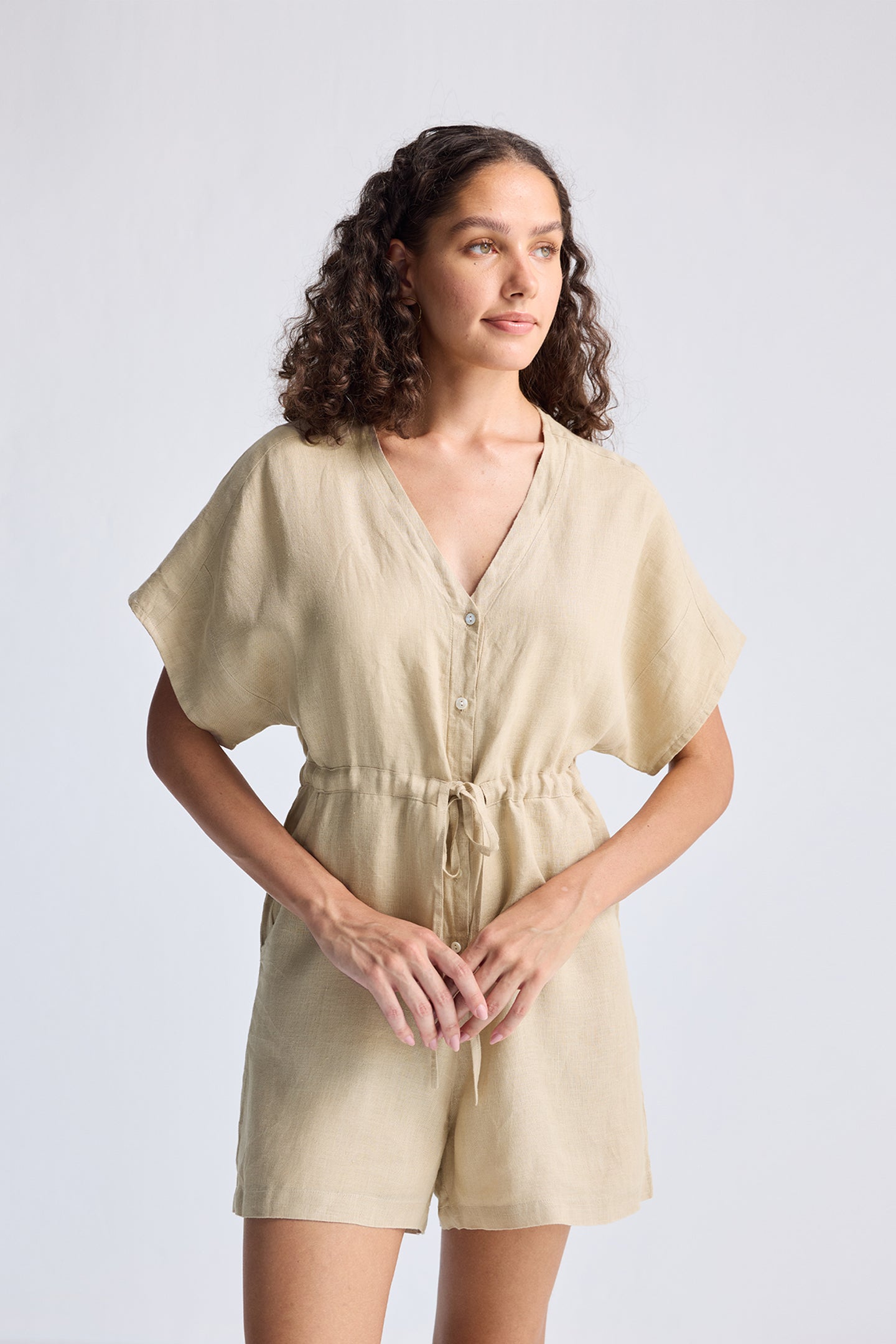 V neck Drawstring Romper in Neutral Beige Medium Shot