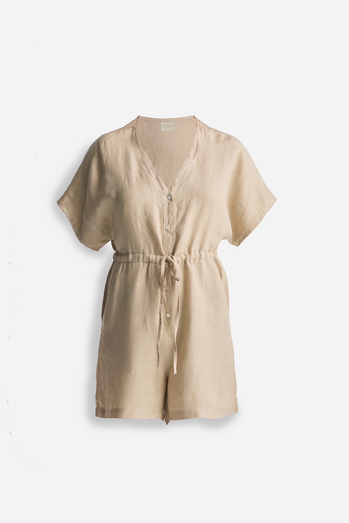 V neck Drawstring Romper in Neutral Beige Flat Lay