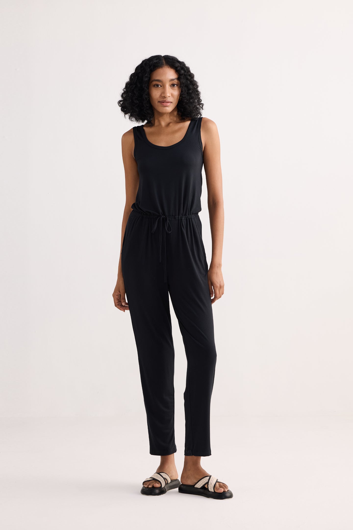 Relaxed Drawstring Jumpsuit in Black Longshot