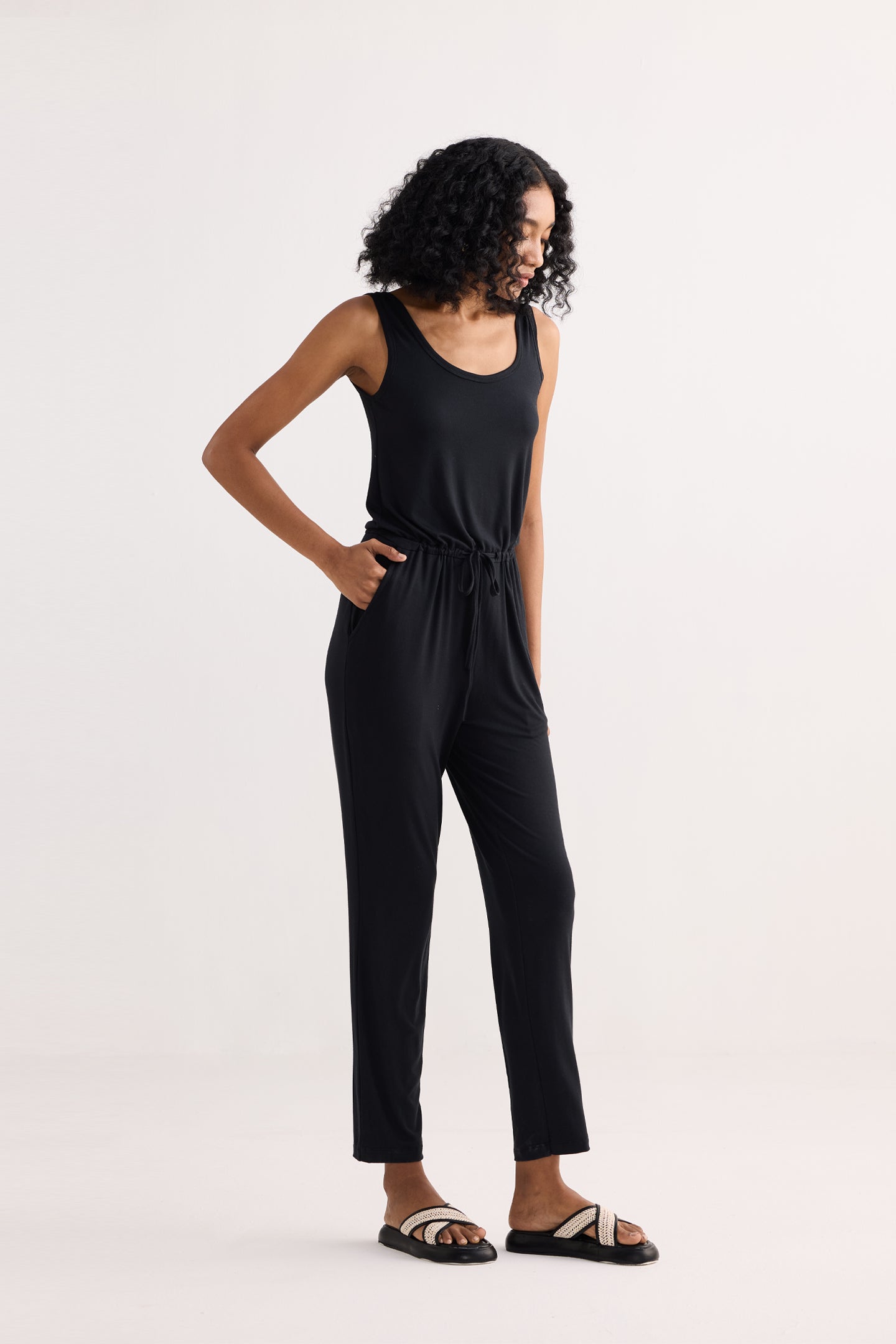 Relaxed Drawstring Jumpsuit in Black Longshot