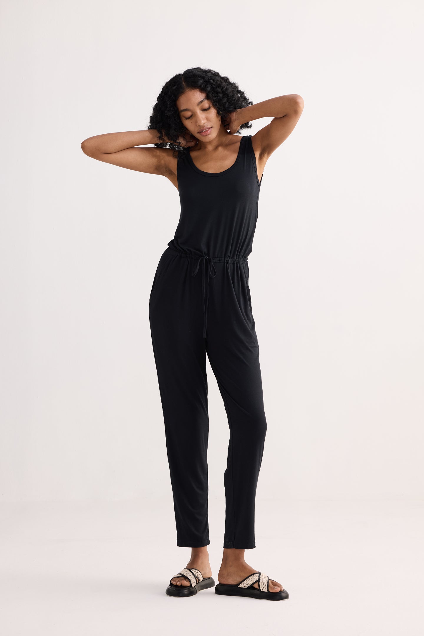 Relaxed Drawstring Jumpsuit in Black Longshot