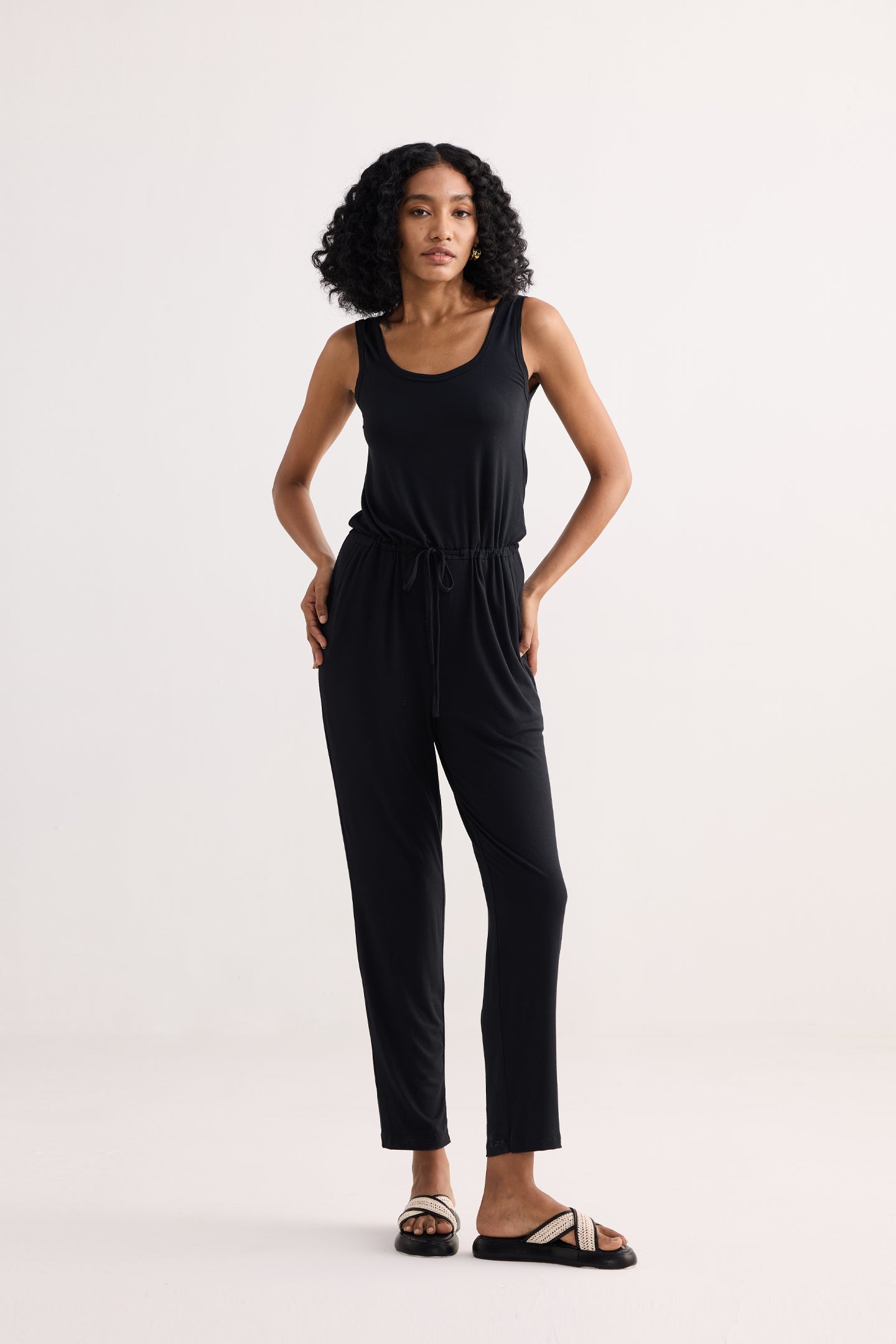 Relaxed Drawstring Jumpsuit in Black Longshot