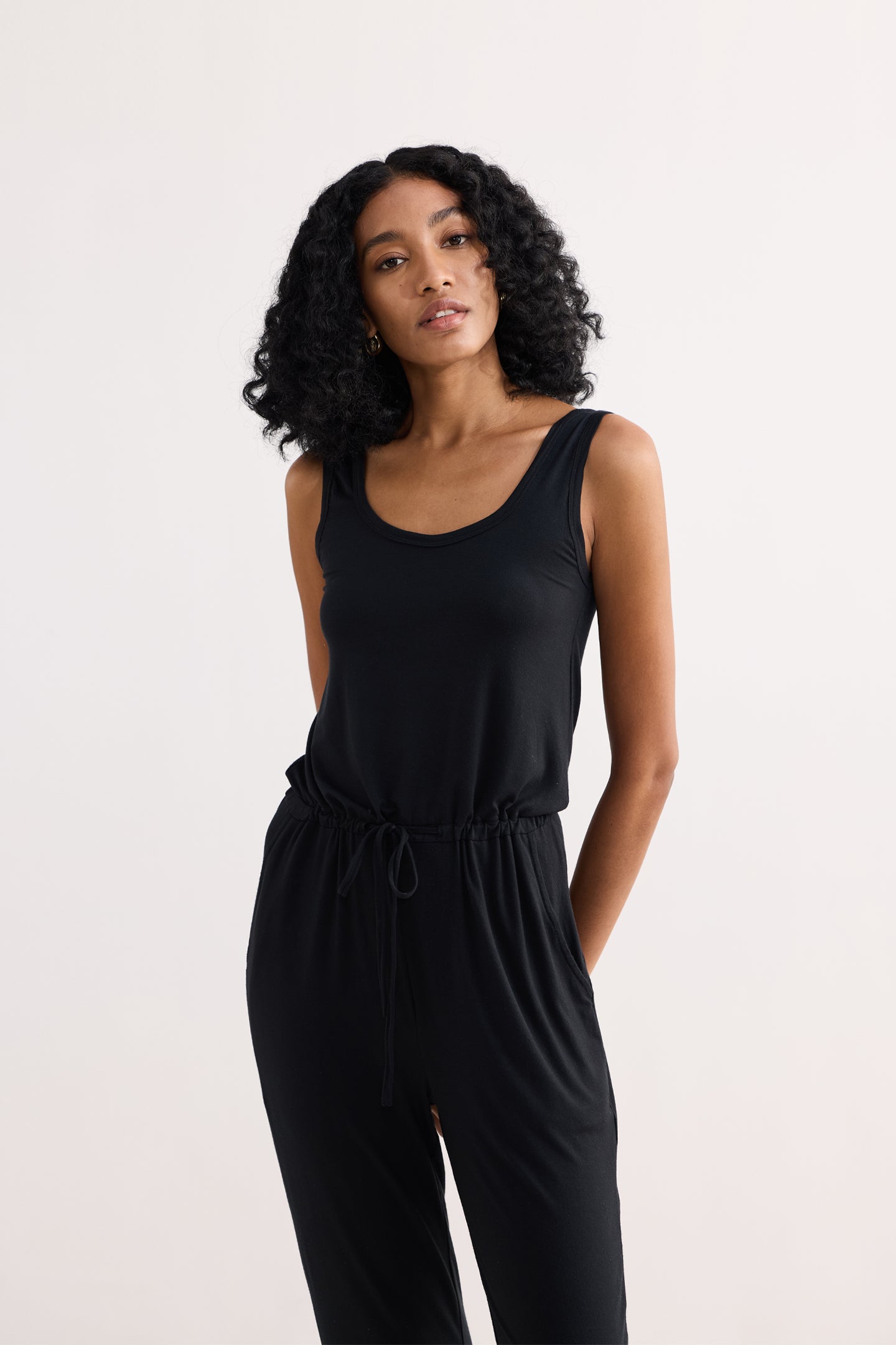 Relaxed Drawstring Jumpsuit in Black Longshot