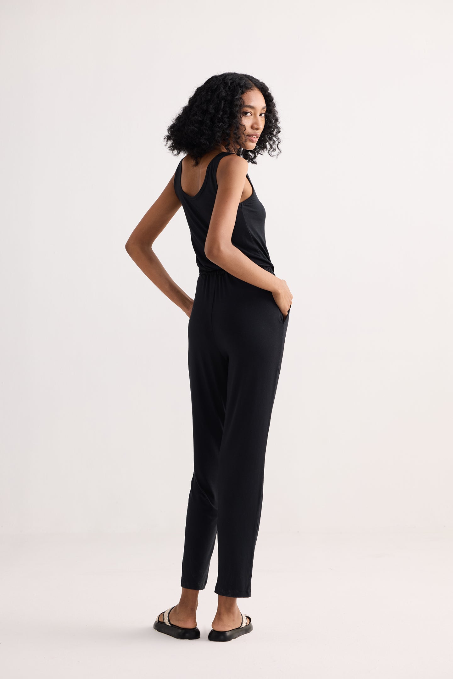 Relaxed Drawstring Jumpsuit in Black Longshot