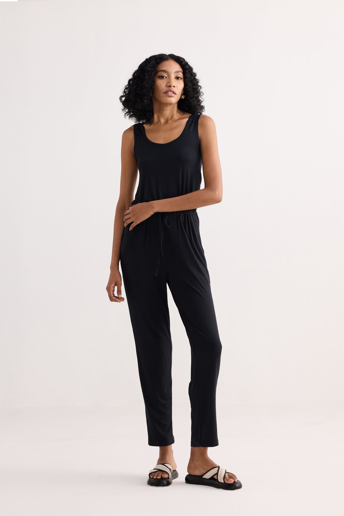 Relaxed Drawstring Jumpsuit in Black Longshot