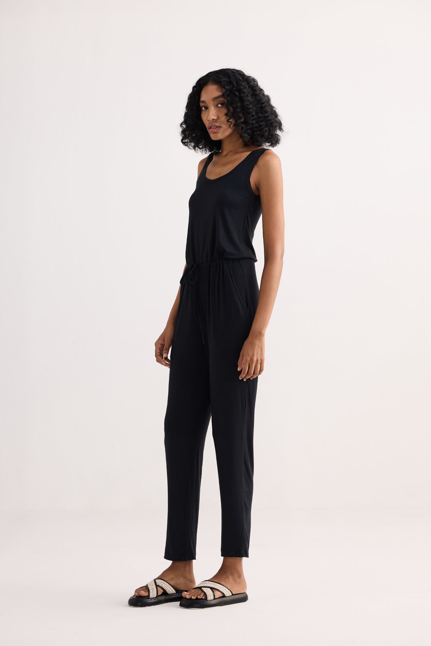Relaxed Drawstring Jumpsuit in Black Longshot