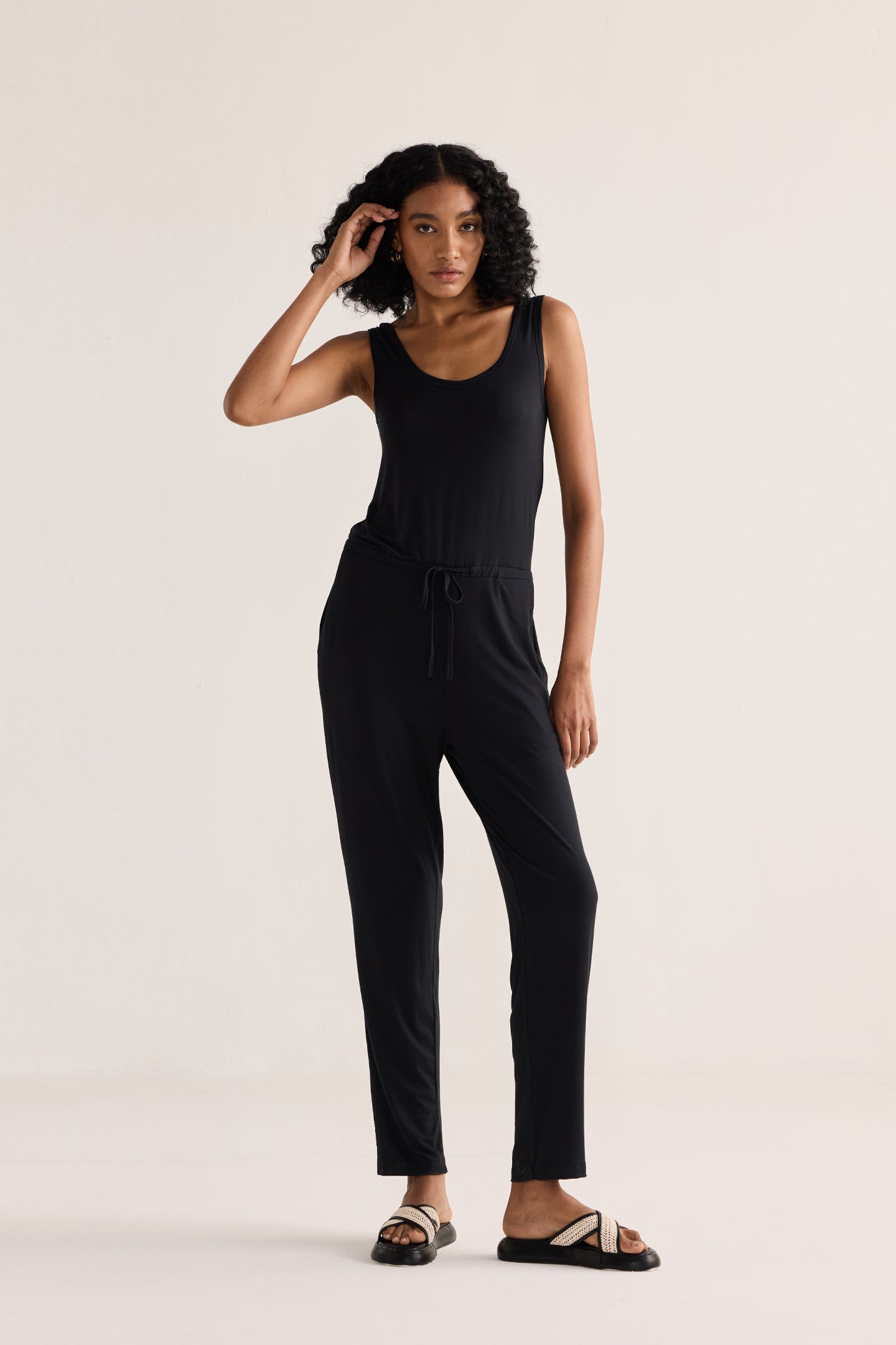 Relaxed Drawstring Jumpsuit in Black Longshot