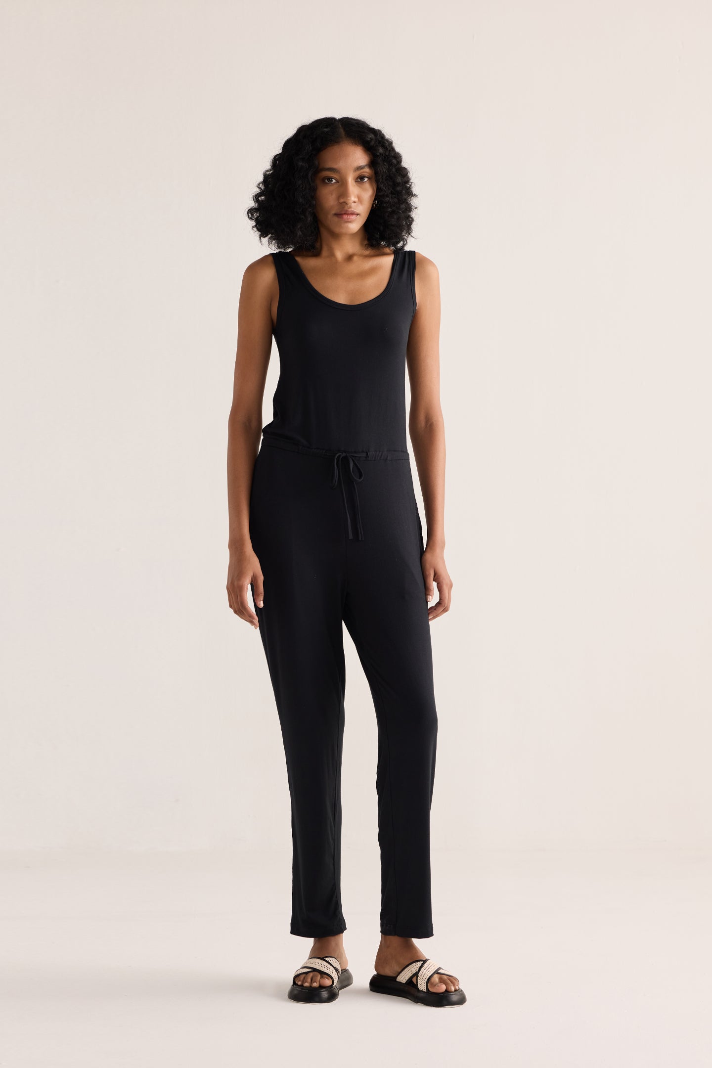 Relaxed Drawstring Jumpsuit in Black Longshot