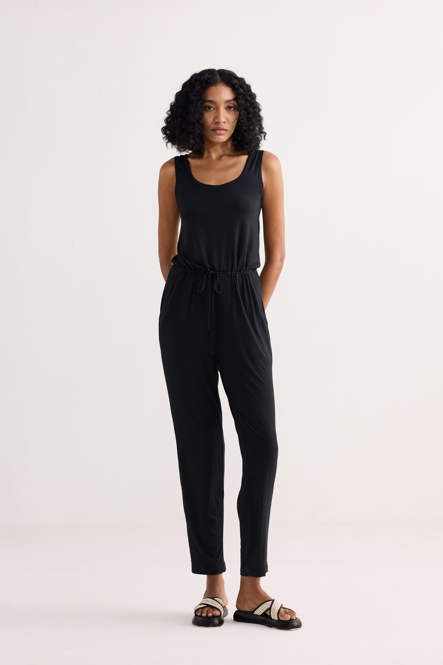 Relaxed Drawstring Jumpsuit in Black Longshot