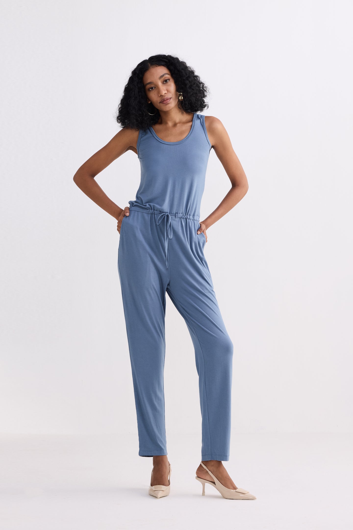 Relaxed Drawstring Jumpsuit in Blue Longshot