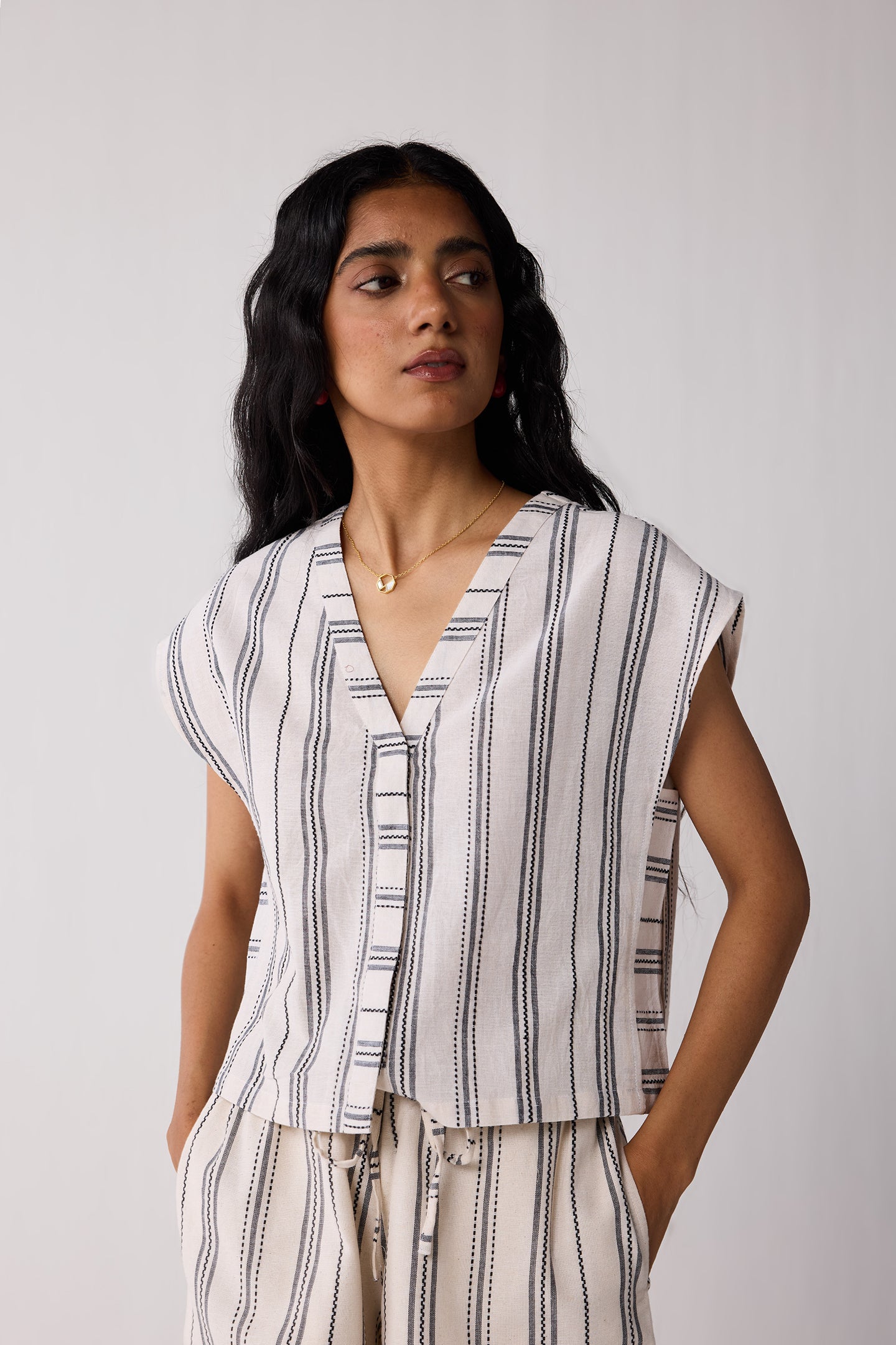 Relaxed V-neck Top in Stripes