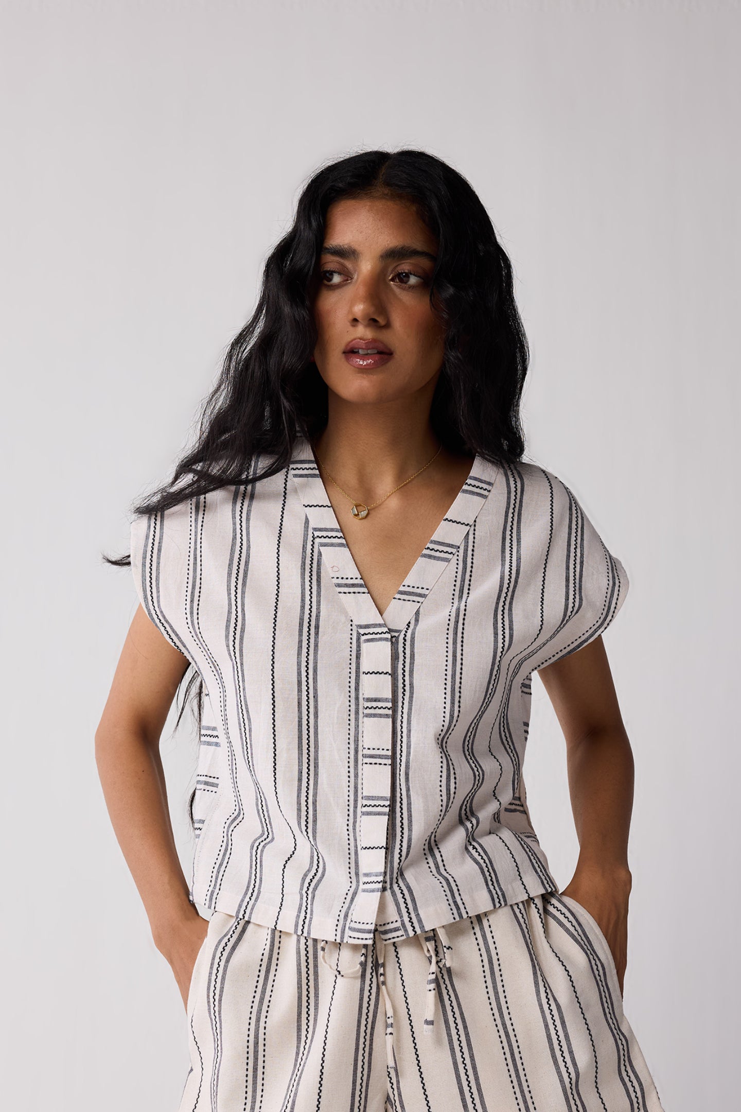 Relaxed V-neck Top in Stripes