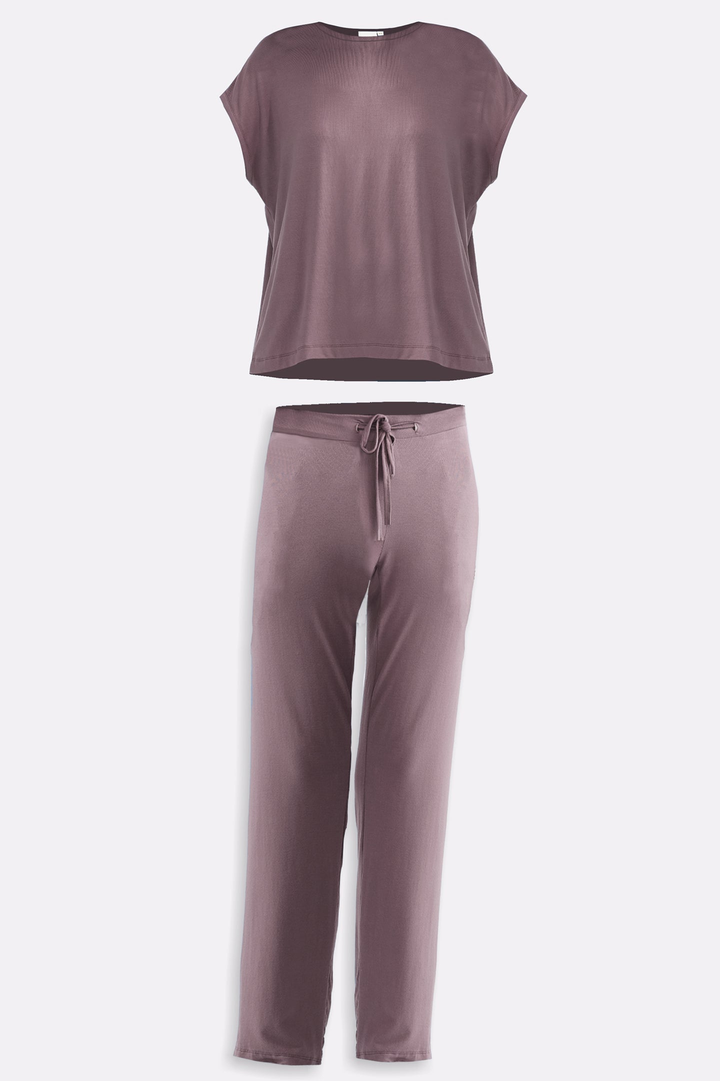 Relaxed Tee Set in Dusty Rose featuring a short-sleeve relaxed-fit tee and matching wide-leg lounge pants in soft, sustainable modal fabric.