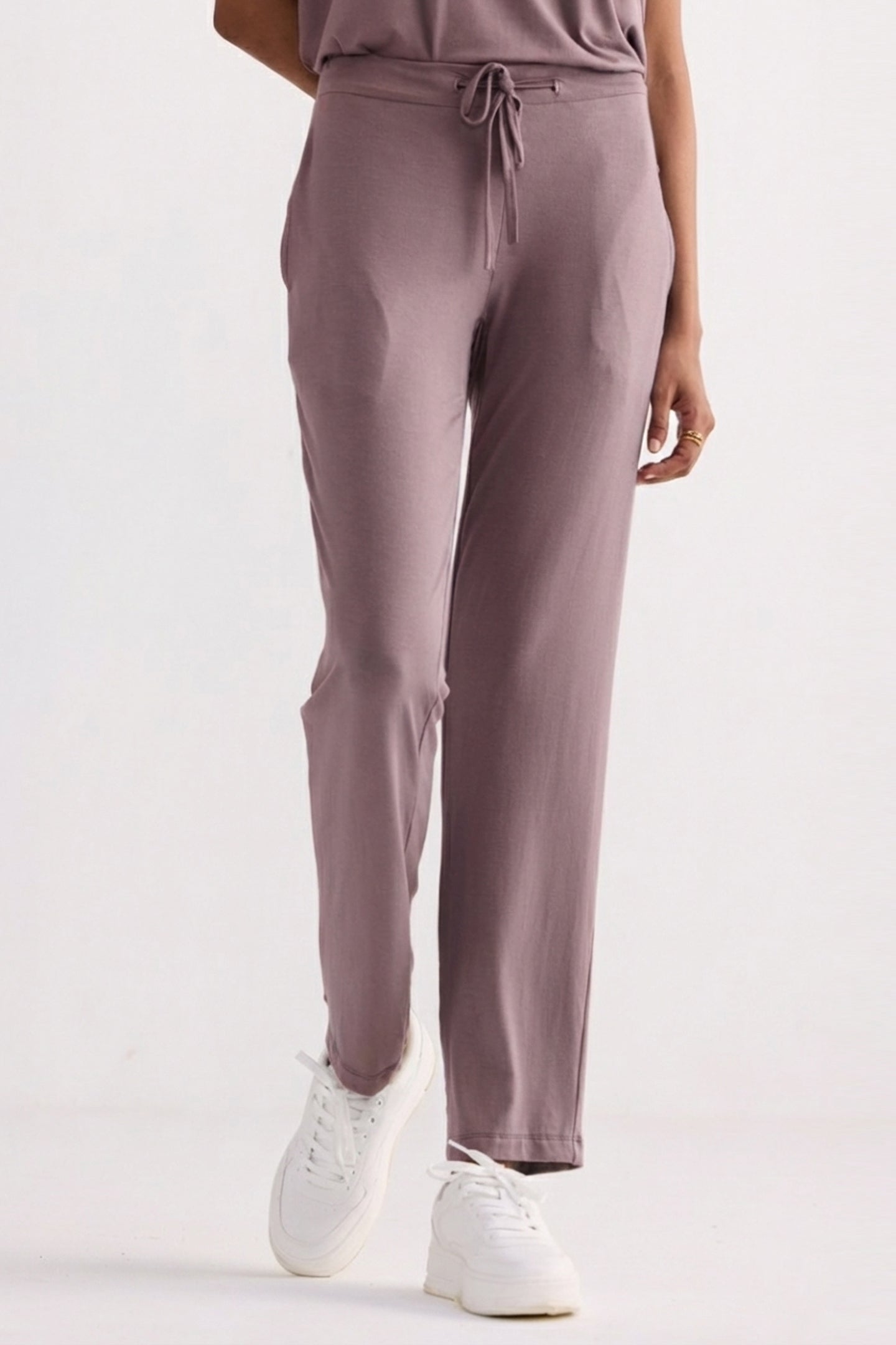 Relaxed Tee Set in Dusty Rose pants with drawstring waist