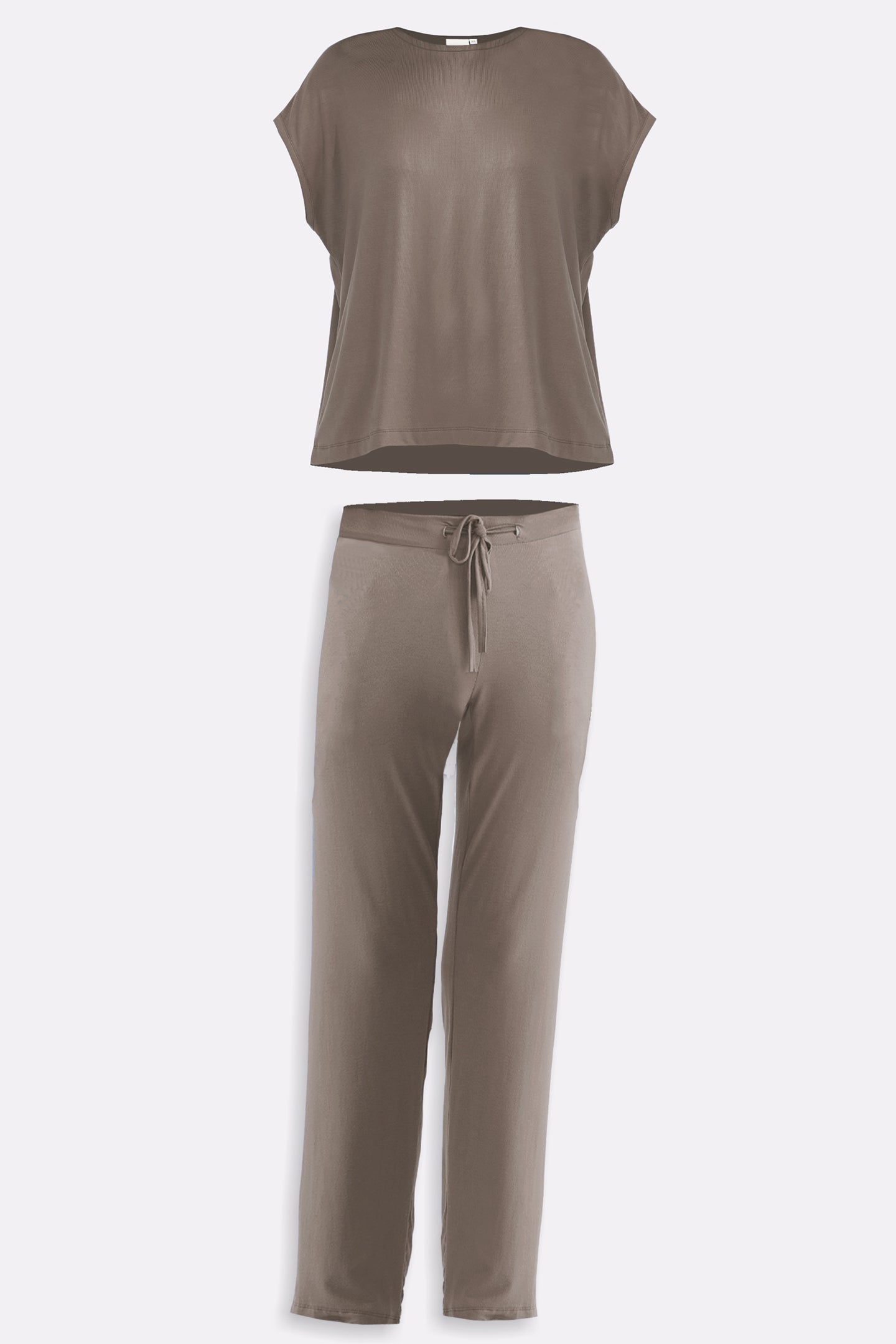 Eco-friendly Relaxed Tee Set in Earth Grey made from sustainable modal fabric, featuring a loose-fit top and matching drawstring trousers.