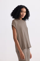 Side view of the Relaxed Tee Set in Earth Grey showing the comfortable, versatile drape of the sustainable fabric.