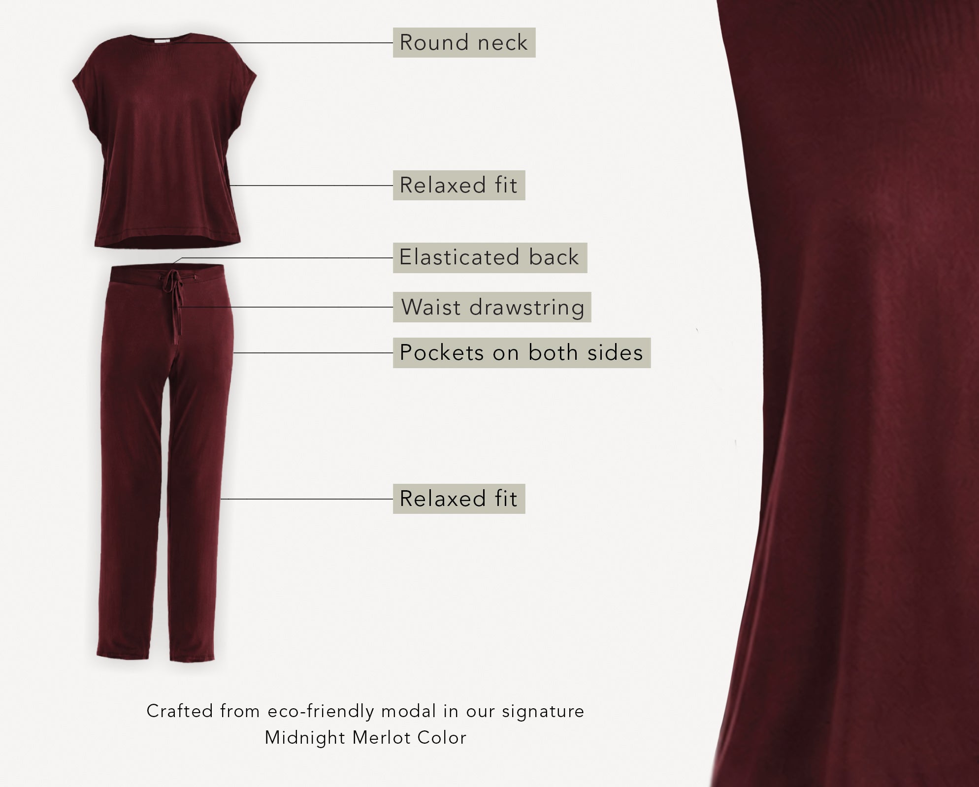 Merlot outfit with labels detailing features on a white background