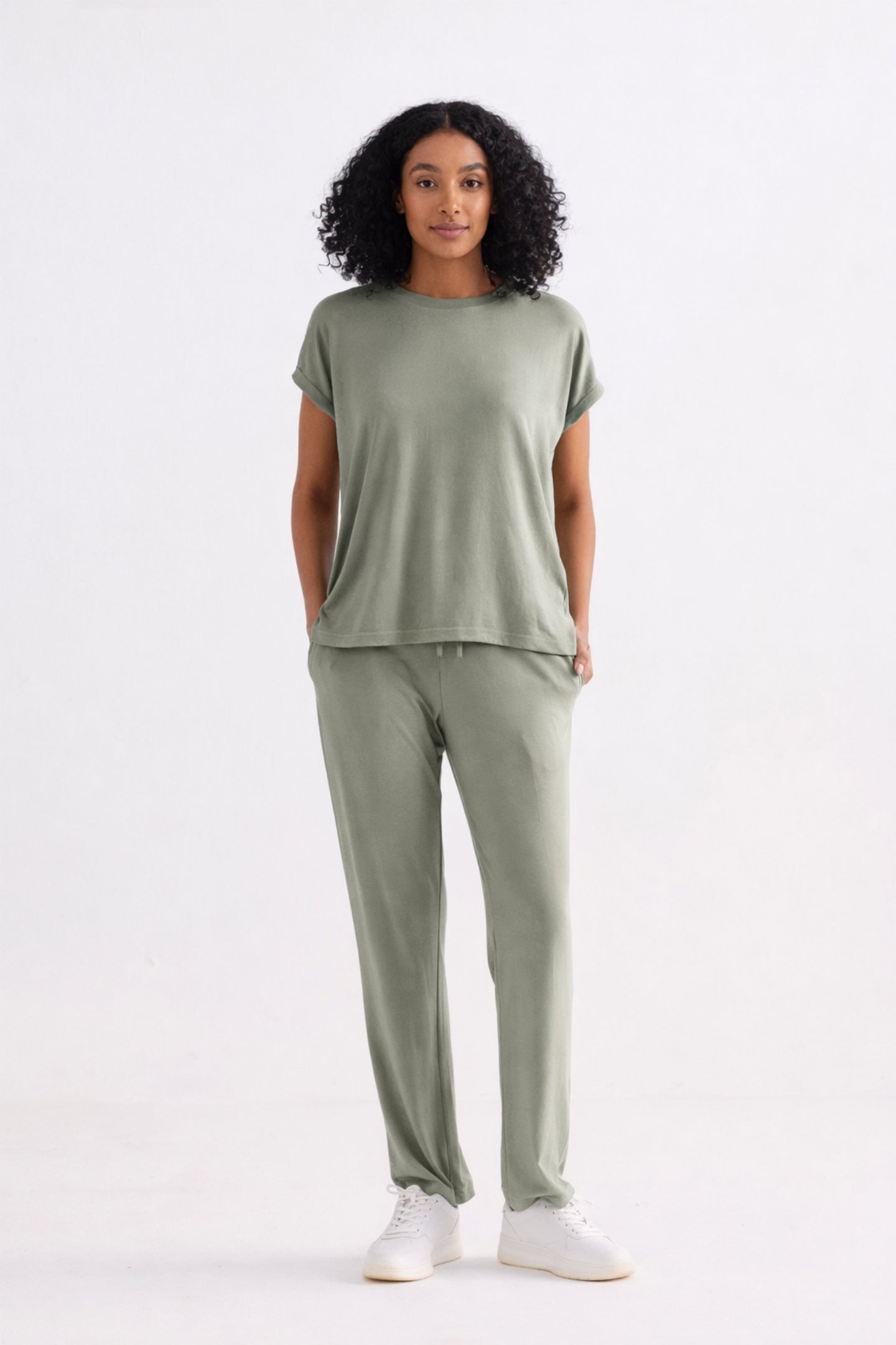 Relaxed Tee Set in Olive featuring a crew neck top and adjustable drawstring waist pants.