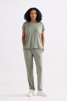 Relaxed Tee Set in Olive featuring a crew neck top and adjustable drawstring waist pants.
