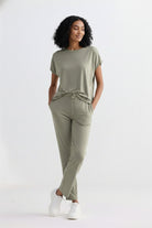 Relaxed Tee Set in Olive: a two-piece set made from breathable, sustainable stretch fabric.