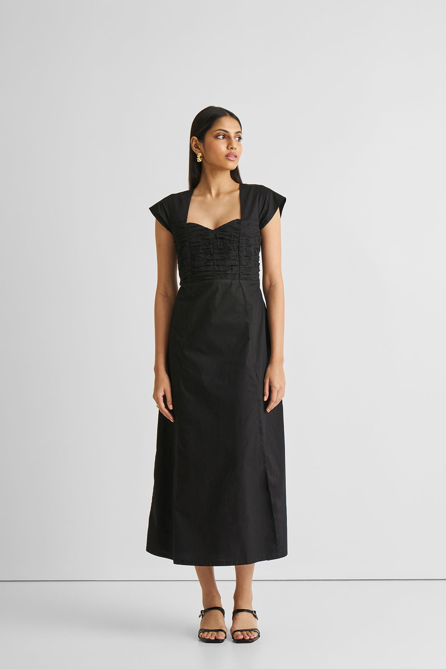 Ruched Dress with Front Slit in Black Long Shot