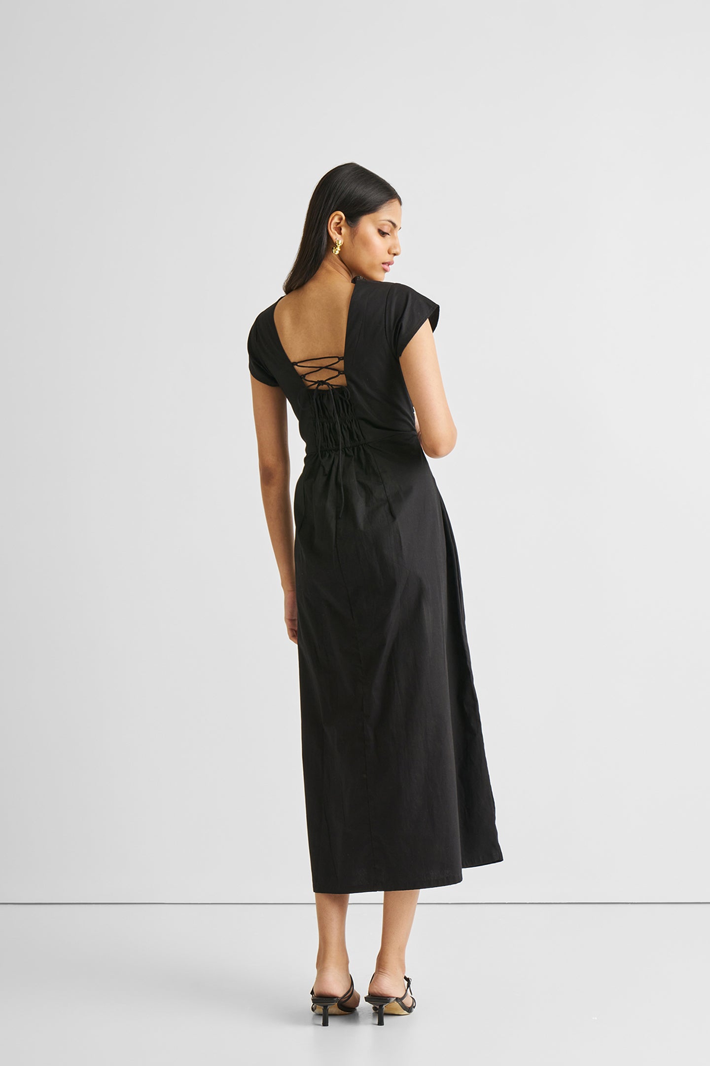 Ruched Dress with Front Slit in Black Long Shot