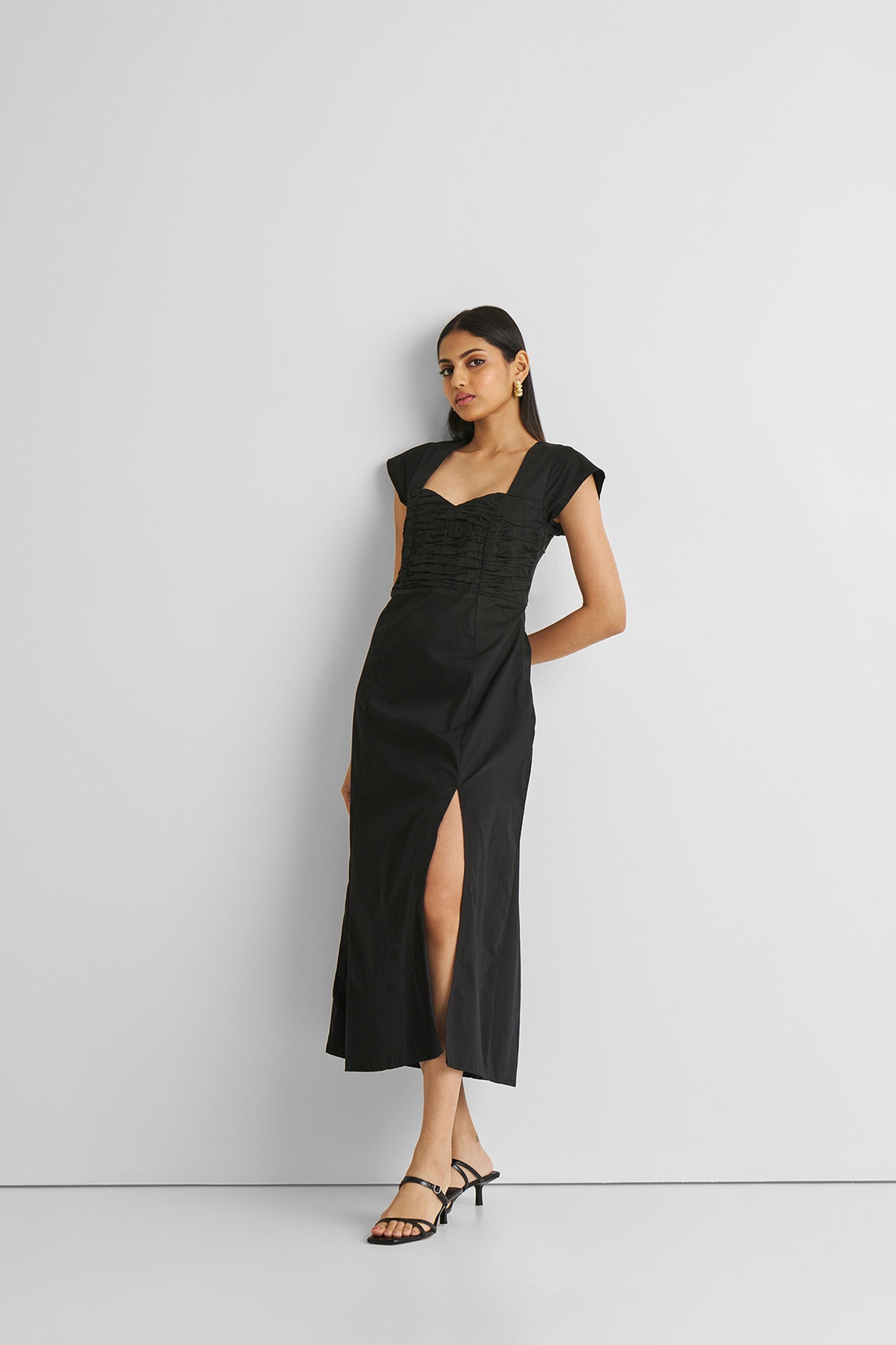 Ruched Dress with Front Slit in Black Long Shot