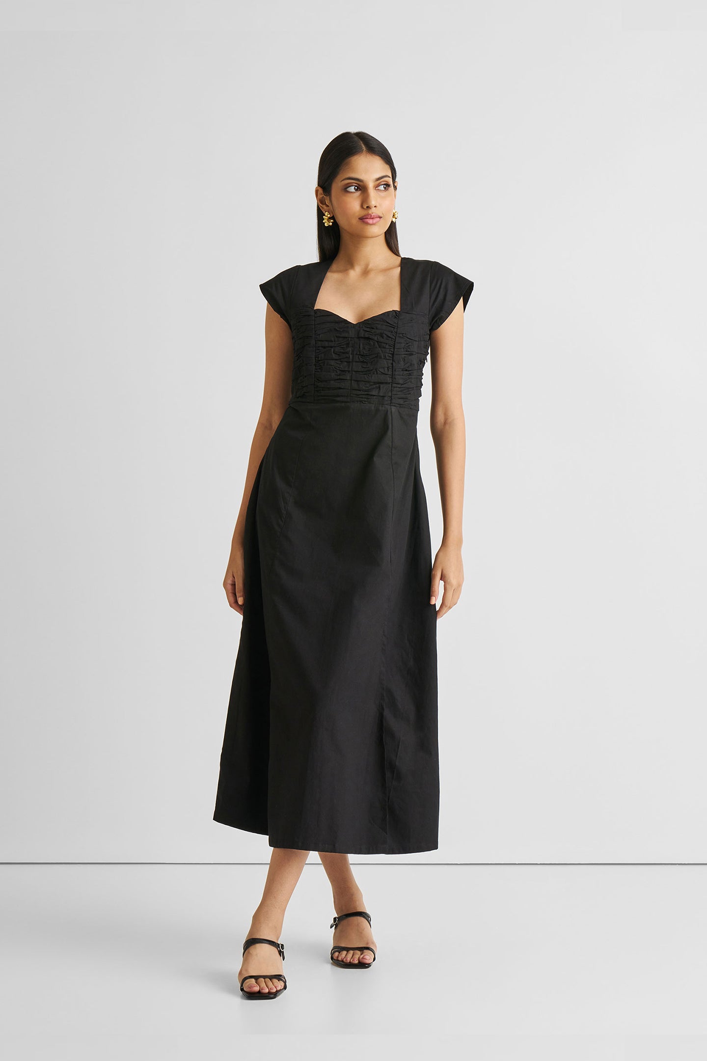 Ruched Dress with Front Slit in Black Long Shot
