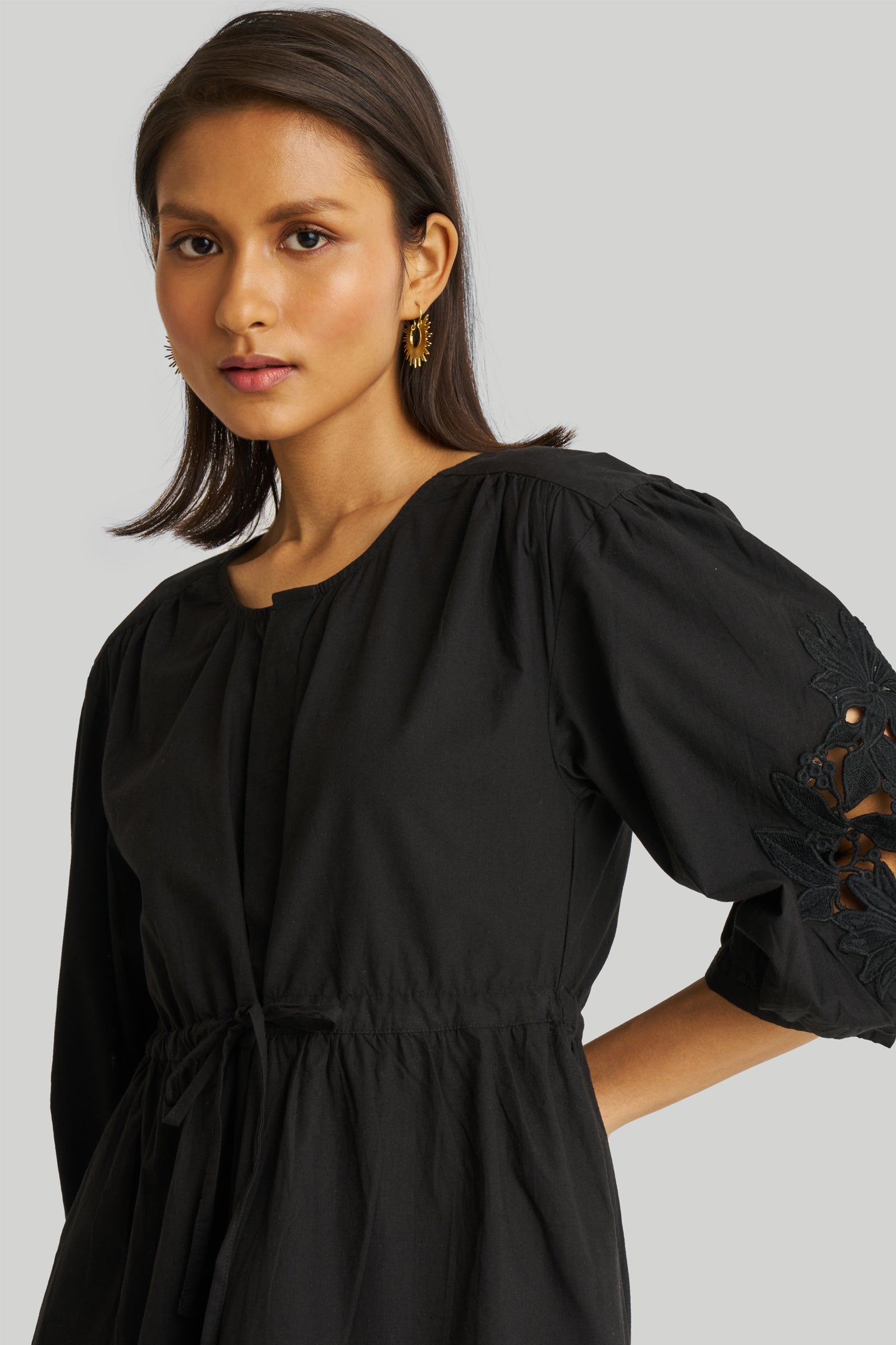 Shirt Dress with Balloon Sleeves in Black