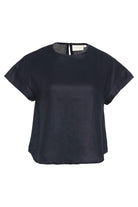Black short-sleeve top on a white background