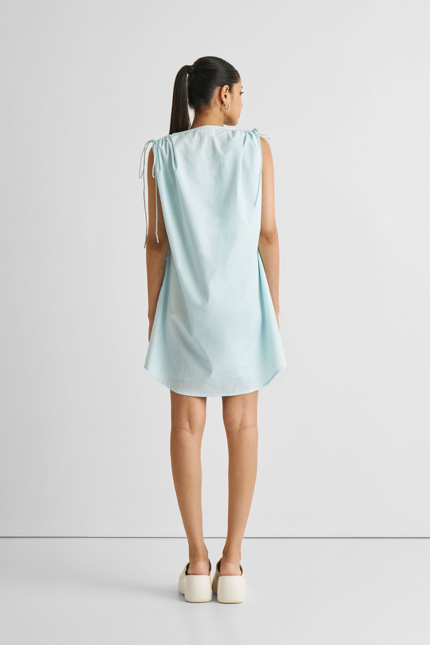 Shirt dress with Shoulder Tie Details in Summer Blue Long Shot