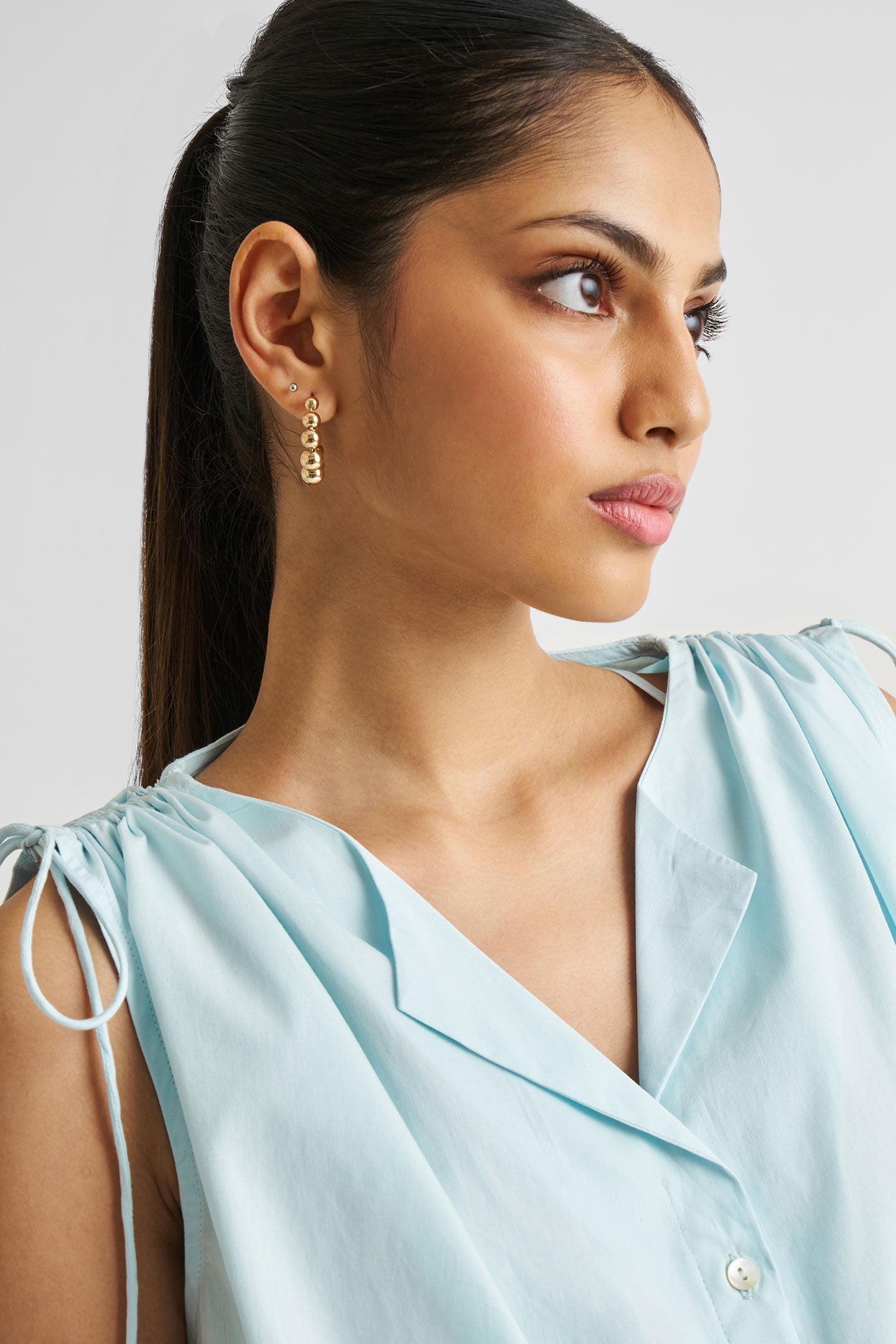 Shirt dress with Shoulder Tie Details in Summer Blue Closeup