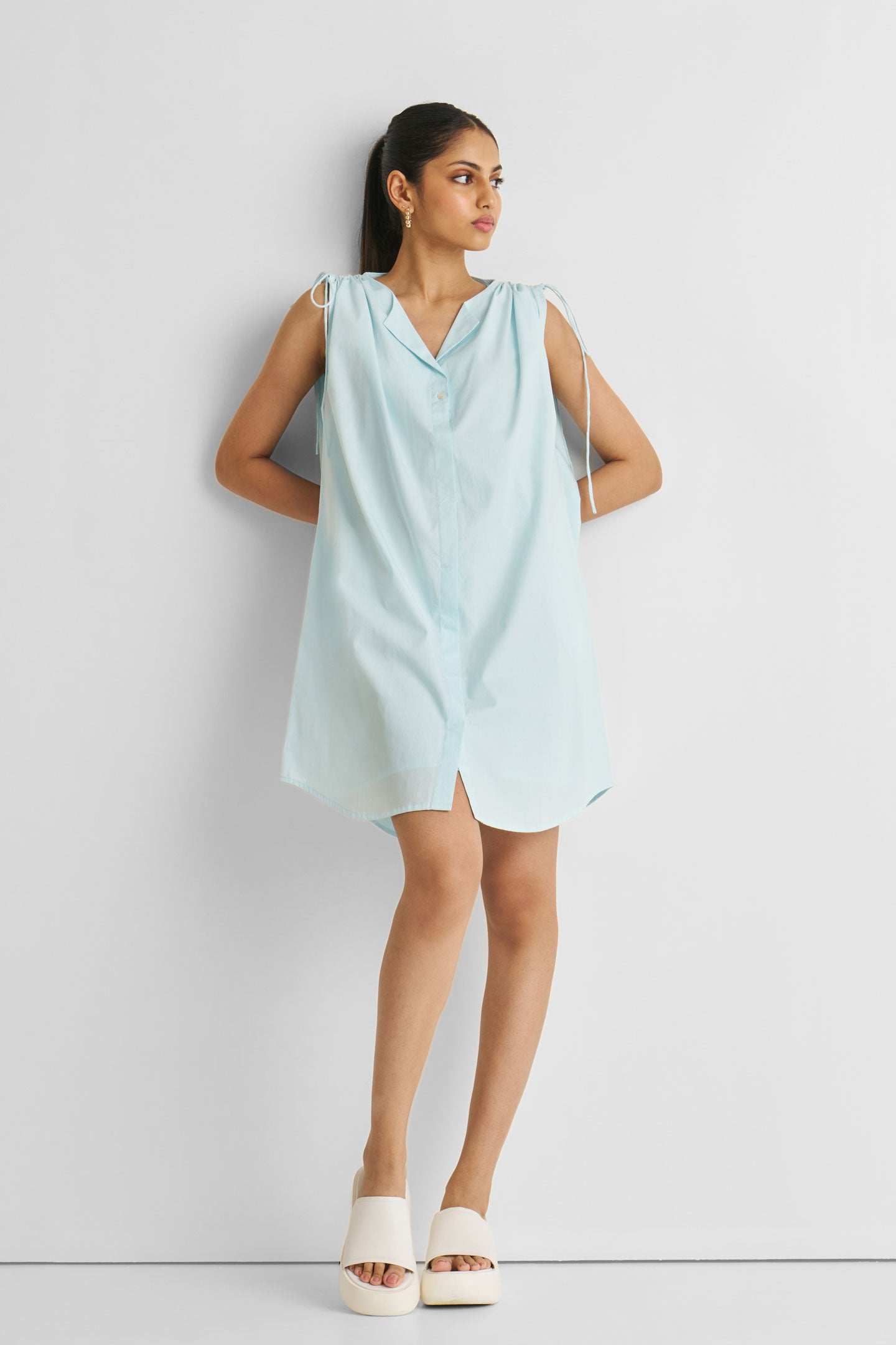 Shirt dress with Shoulder Tie Details in Summer Blue Long Shot